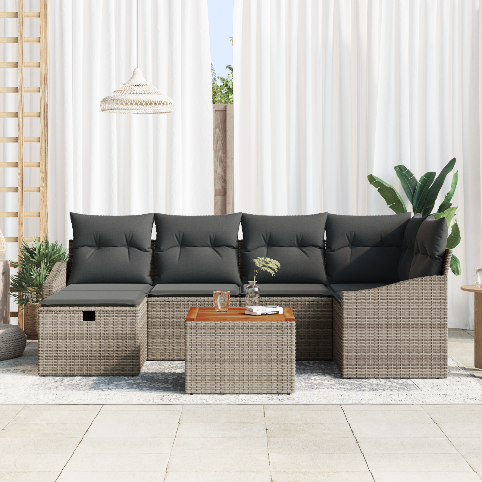 vidaXL 7-delige ligbedset met kussens grijs poly rattan