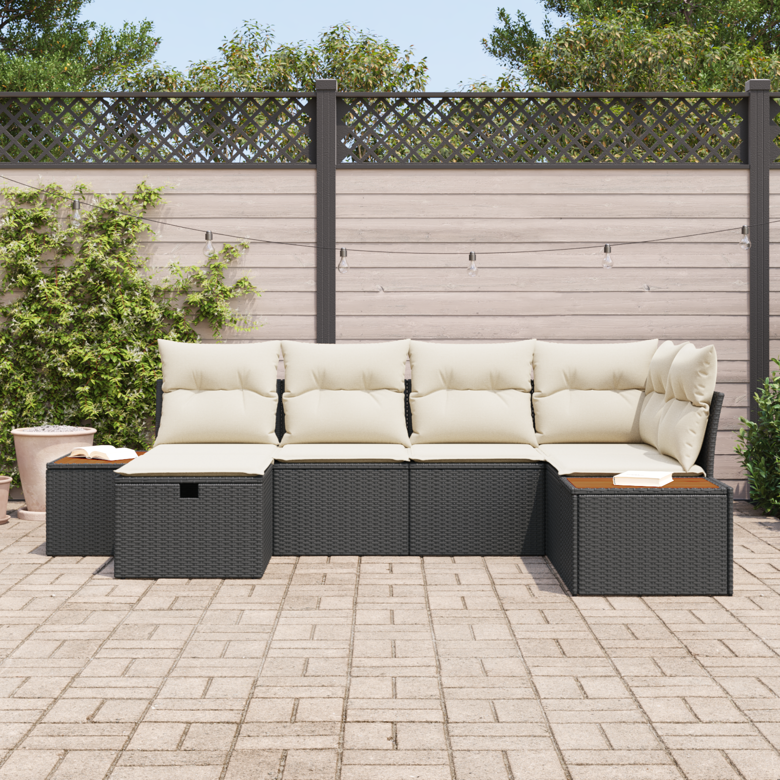 vidaXL 6-delige Tuinbankenset met kussens poly rattan zwart