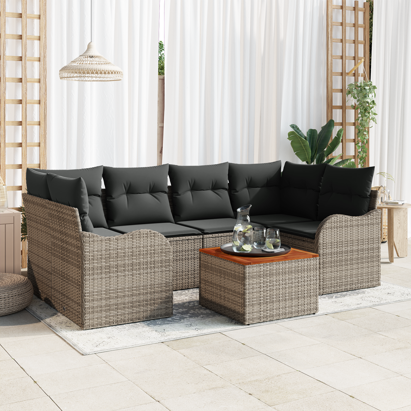 vidaXL 7-delige tuinsofa set met kussens in het Grijs van Poly Rattan en Acacia