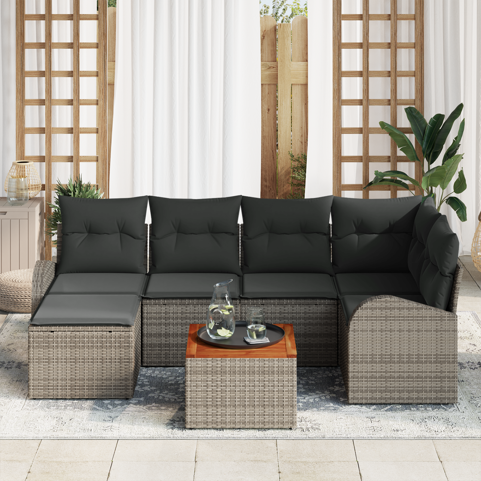 vidaXL 7-delige Tuinbankenset met kussens poly rattan acaciahout grijs