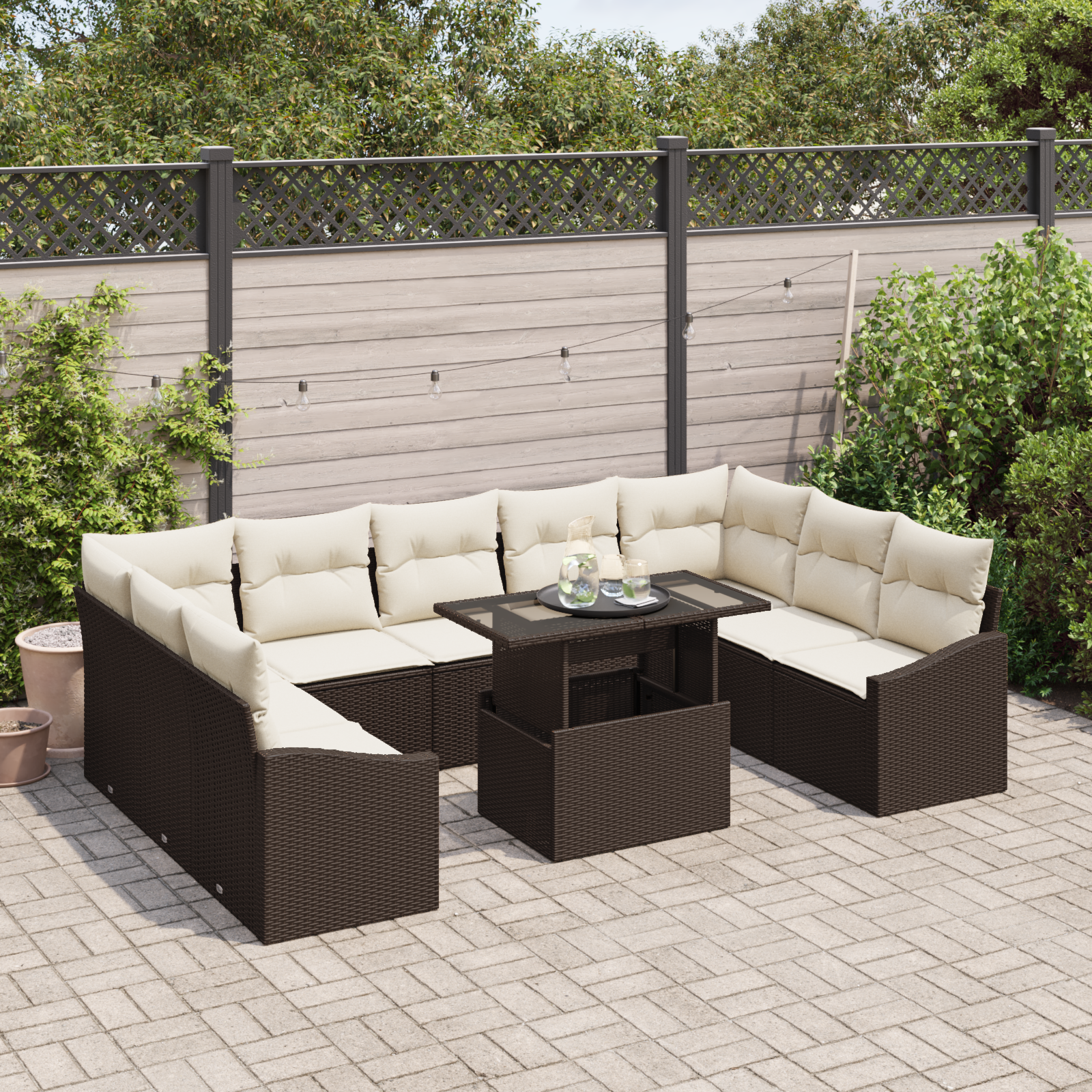 vidaXL 10-delige Tuinbankenset met kussens poly rattan bruin