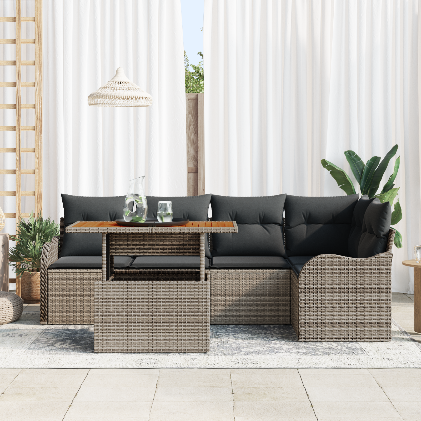 vidaXL 6-delige tuinbankset met kussens in het grijs van poly rattan en acacia