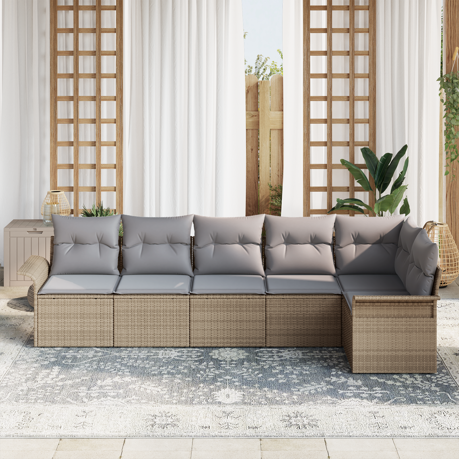 vidaXL 6-delige Tuinbankenset met kussens poly rattan beige
