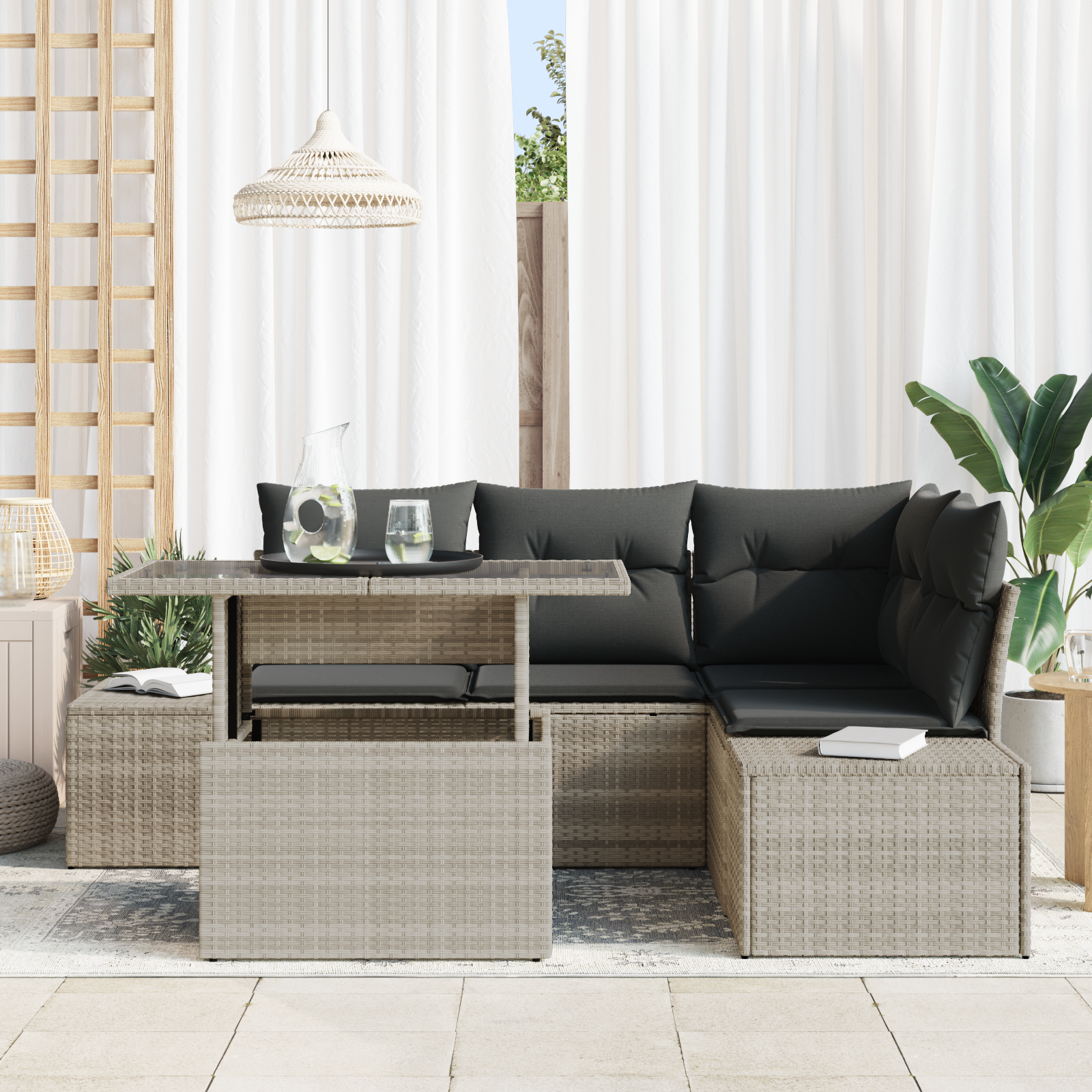 vidaXL 5-delige Tuinbankenset met kussens poly rattan lichtgrijs