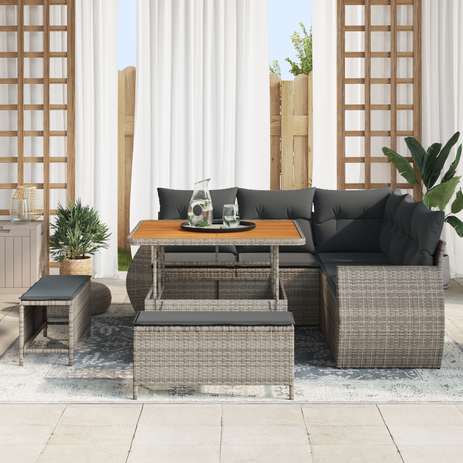 vidaXL 8-delige Tuinbankenset met kussens poly rattan acacia grijs