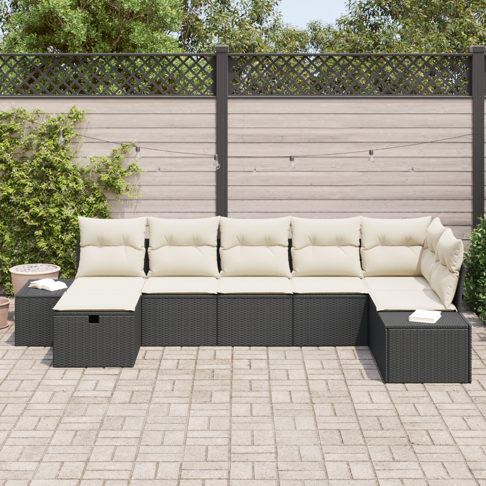 vidaXL 7-delige Tuinbankenset met kussens poly rattan zwart