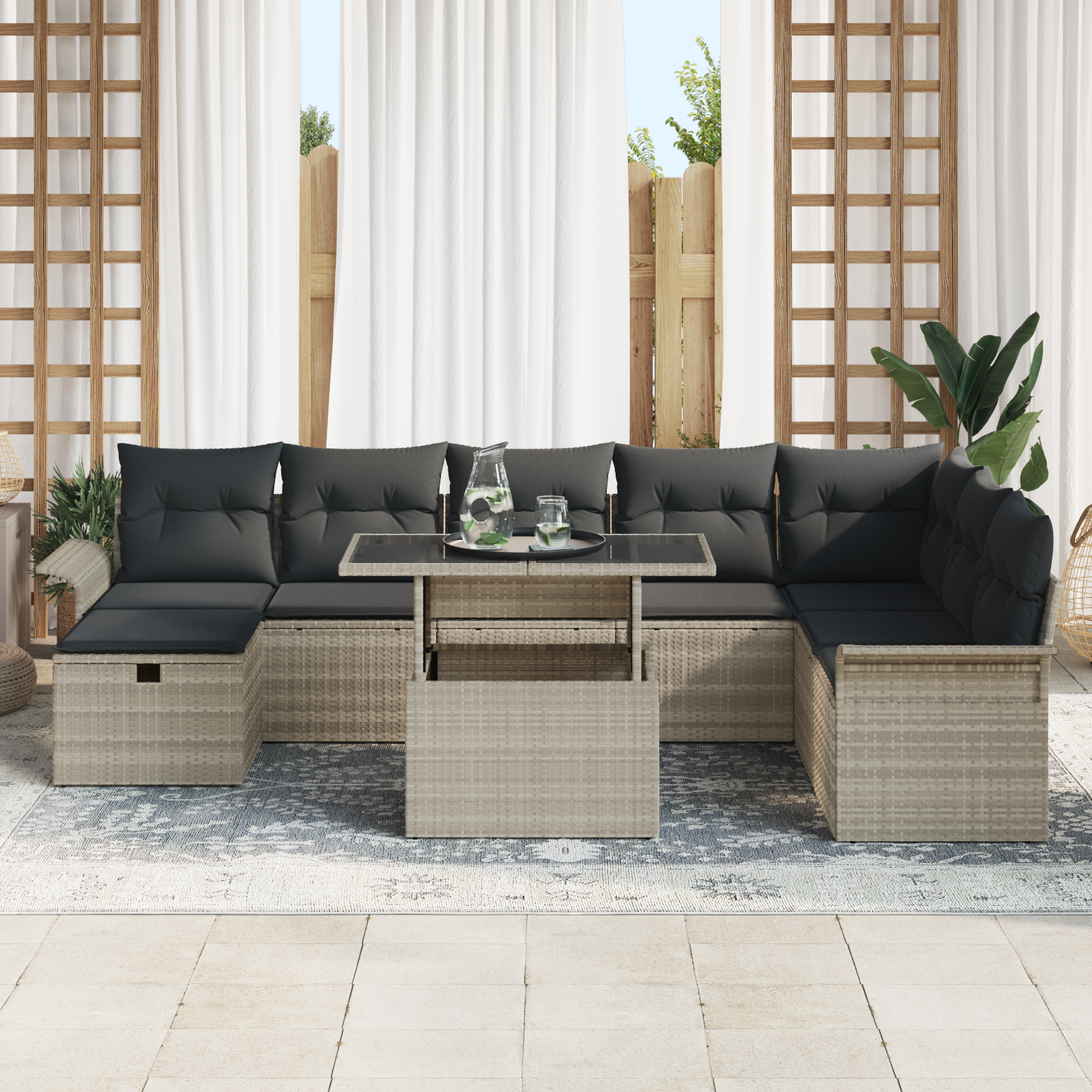 vidaXL 9-delige tuinset met kussens lichtgrijs poly rattan
