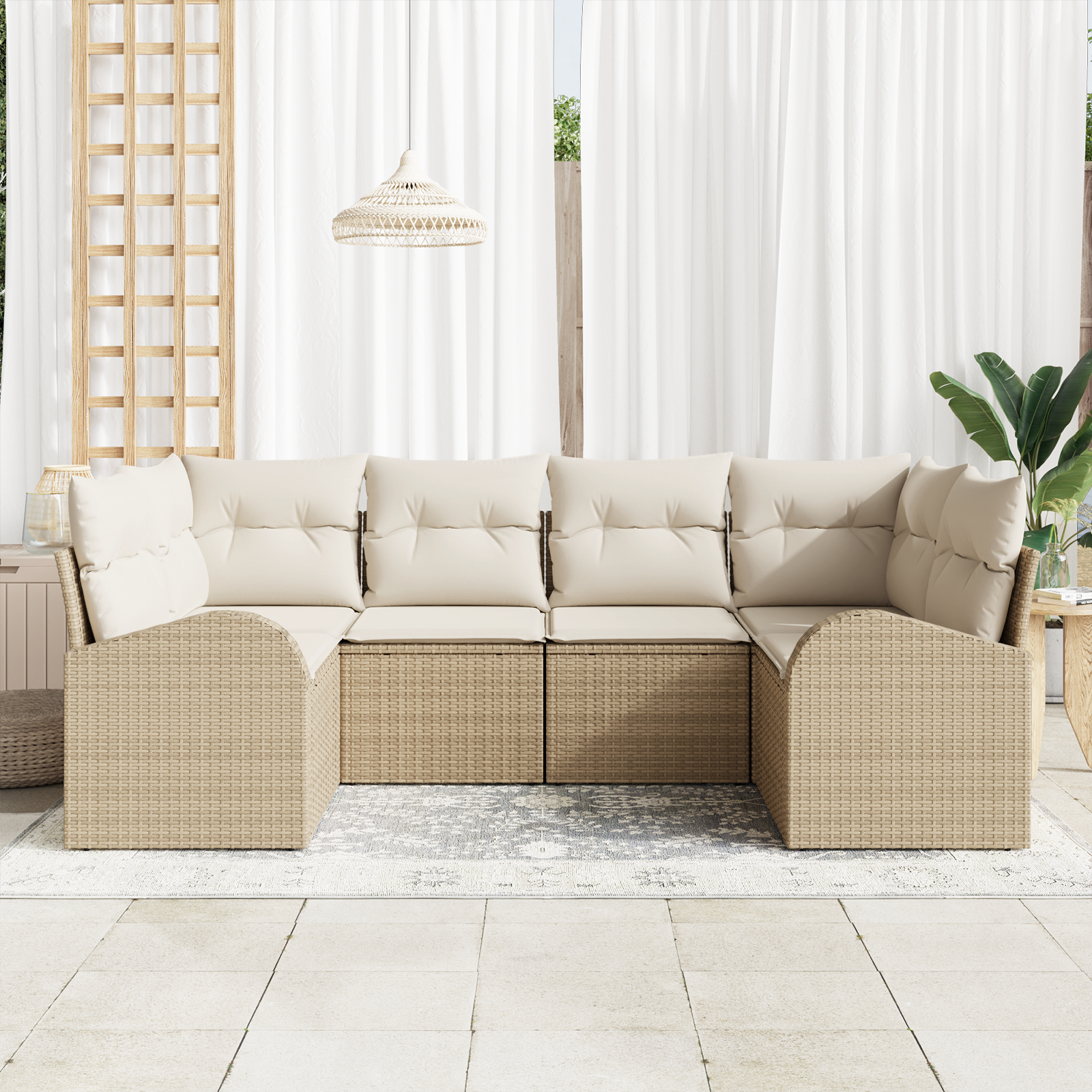 vidaXL 6-delige Tuinbankenset met kussens poly rattan beige