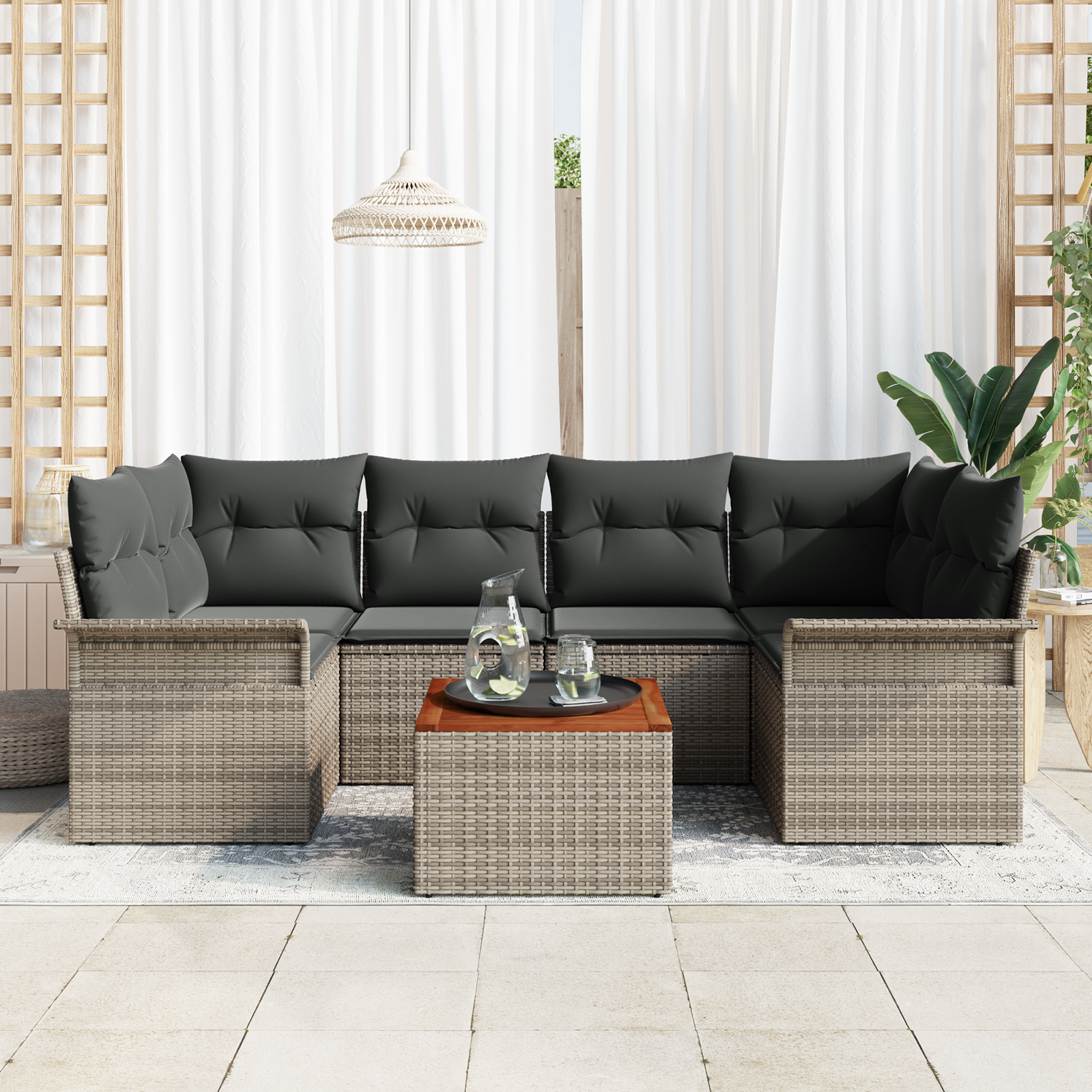 vidaXL 7-delige Tuinbankenset met kussens poly rattan acaciahout grijs