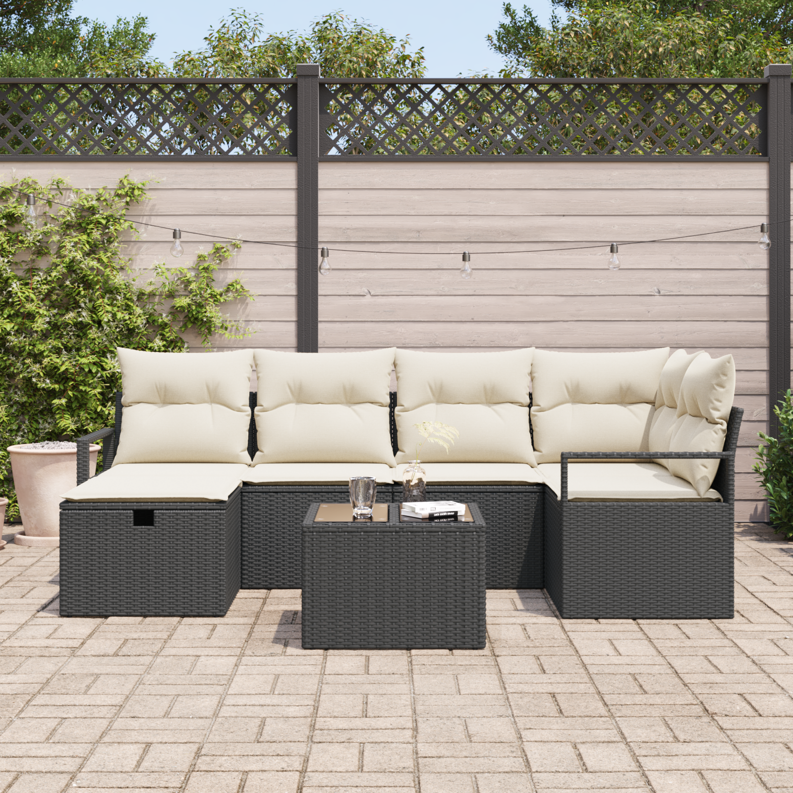 vidaXL 7-delige tuinsofa set met kussens in zwart poly rattan