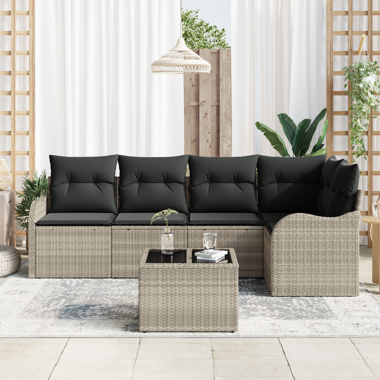 vidaXL 6-delige tuinset met kussens in grijs poly rattan