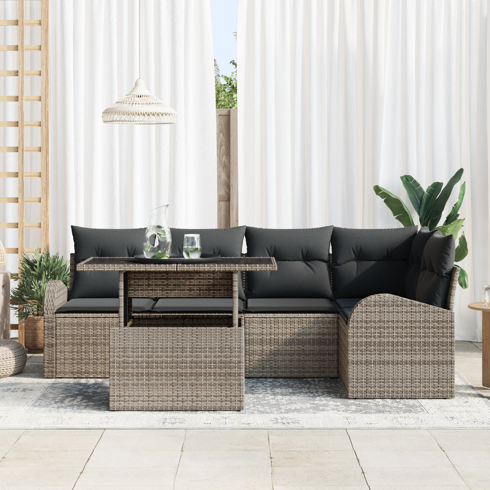 vidaXL 6-delige tuinbankset met kussens in grijs poly rattan