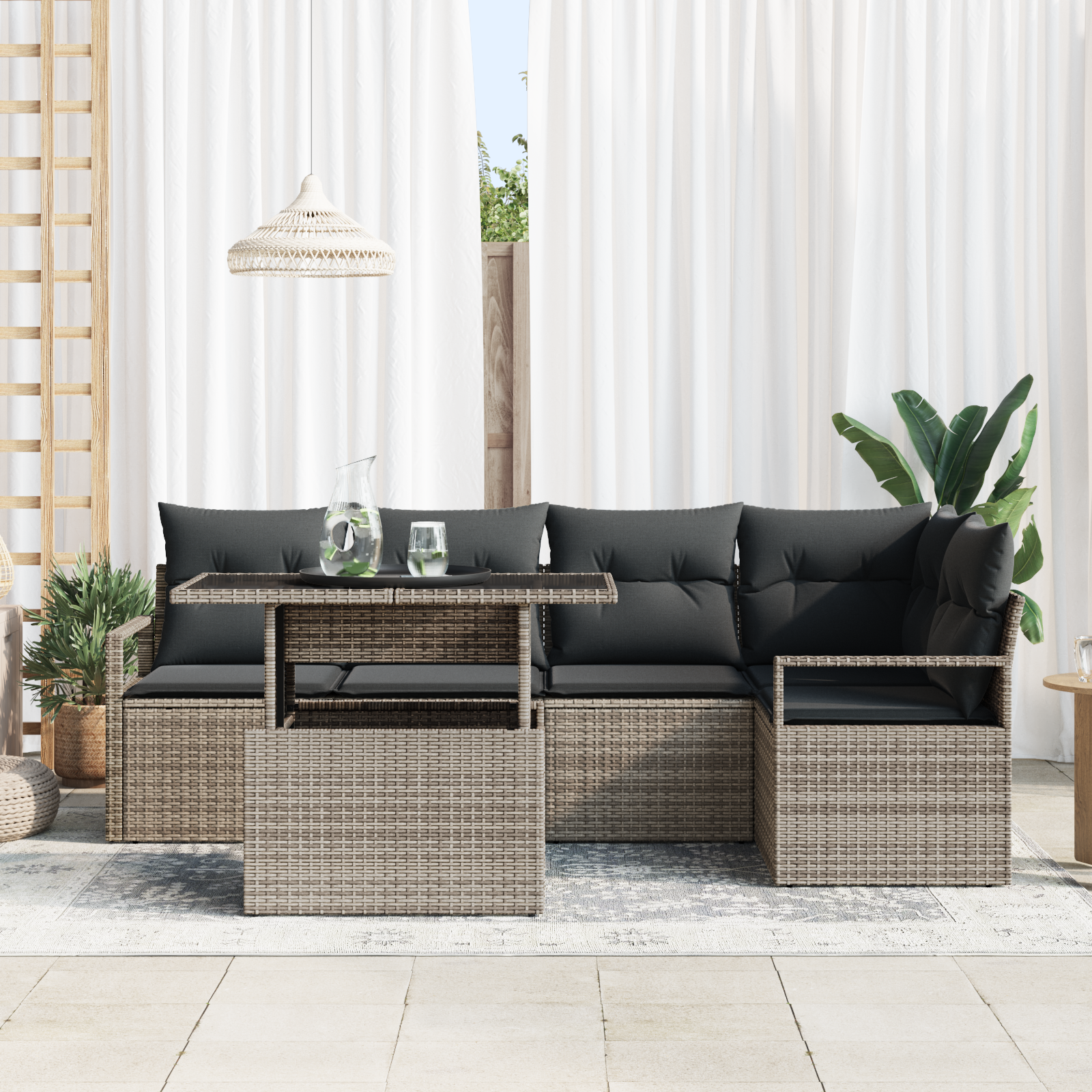 vidaXL 6-delige Tuinbankenset met kussens poly rattan grijs