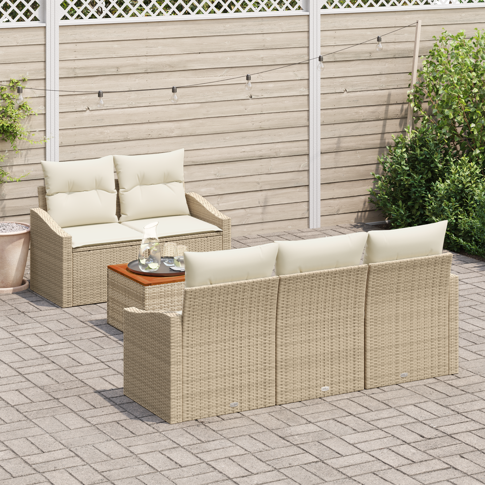 vidaXL 6-delige tuinbankset met kussens in het beige van poly rattan en acacia