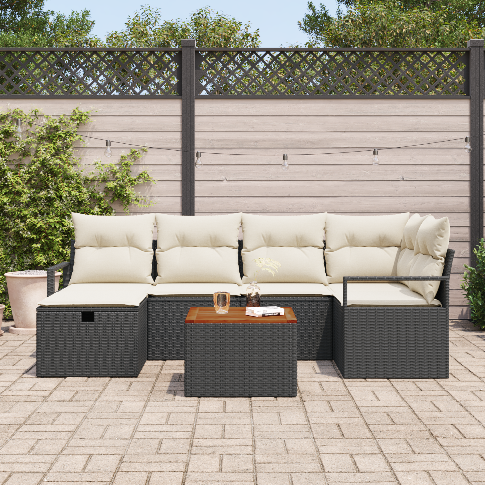 vidaXL 7-delige Tuinbankenset met kussens poly rattan zwart