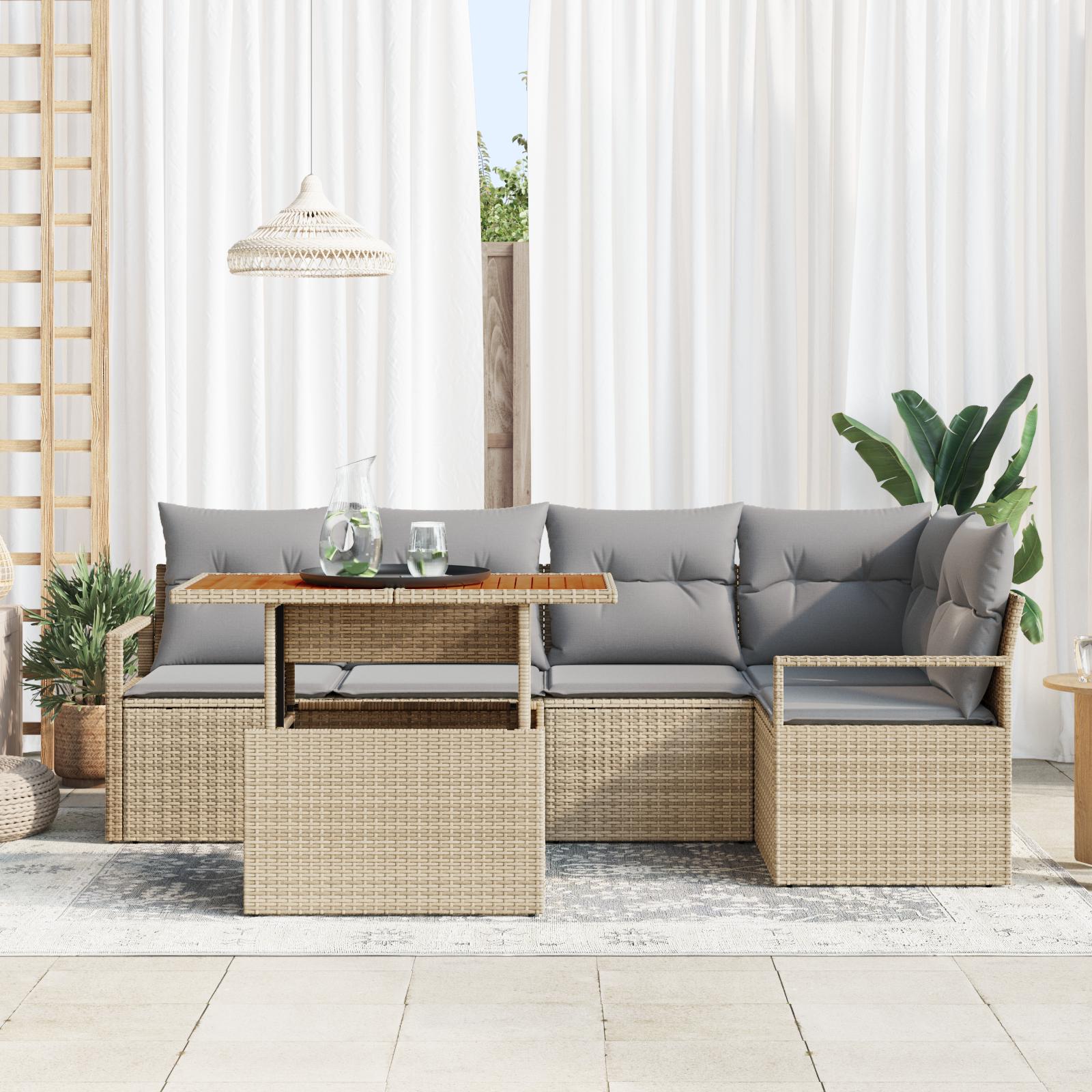 vidaXL 6-delige tuinsofa set met kussens in beige van poly rattan en acacia