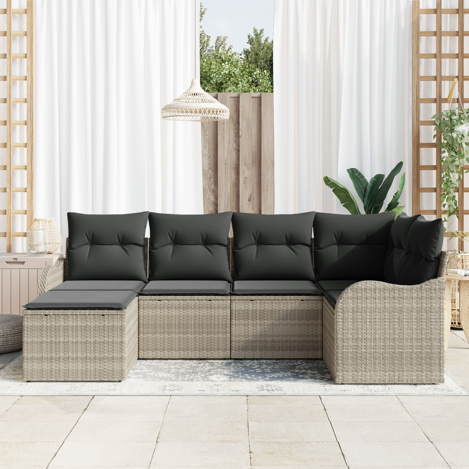 vidaXL 6-delige Tuinbankenset met kussens poly rattan lichtgrijs