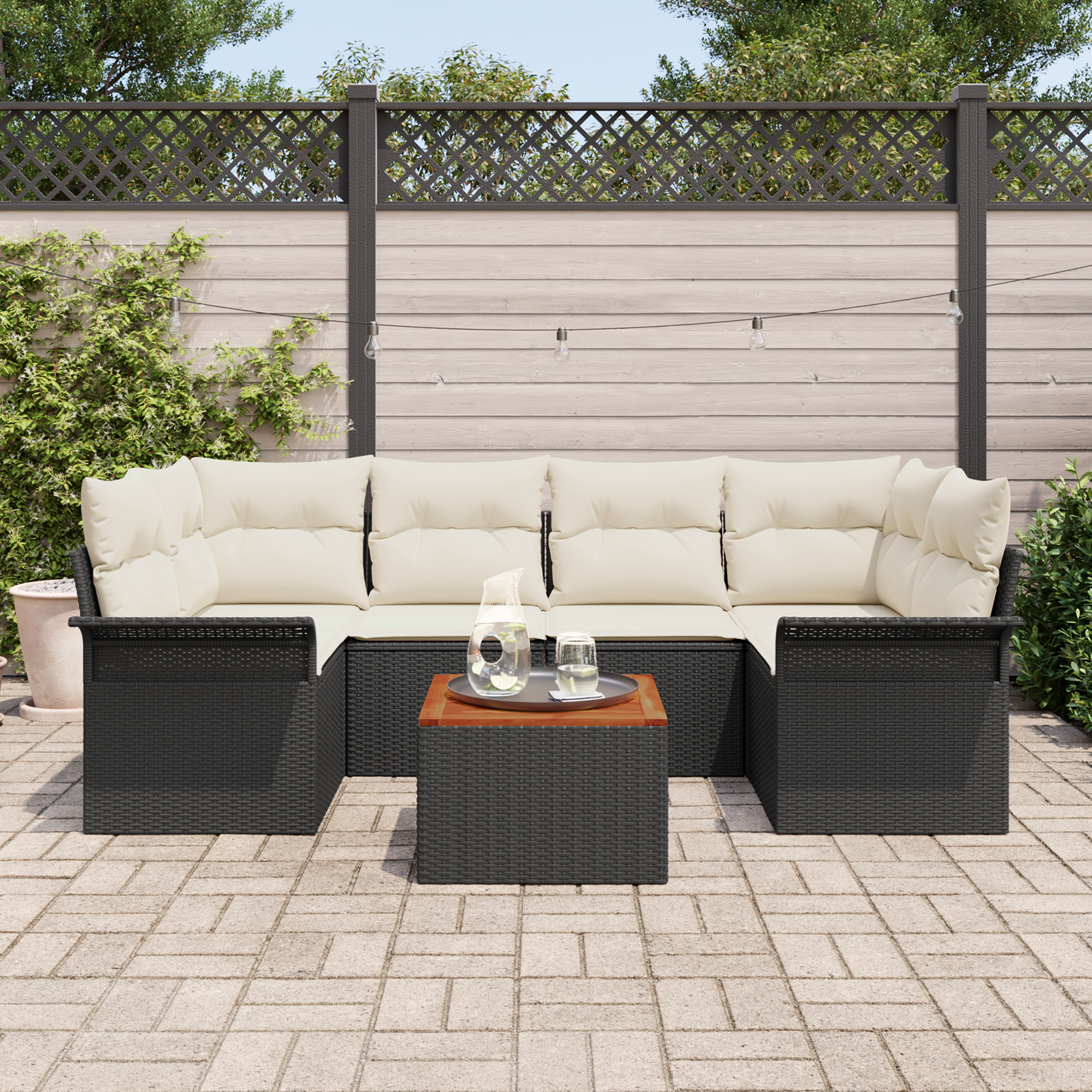 vidaXL 7-delige Tuinbankenset met kussens poly rattan acaciahout zwart