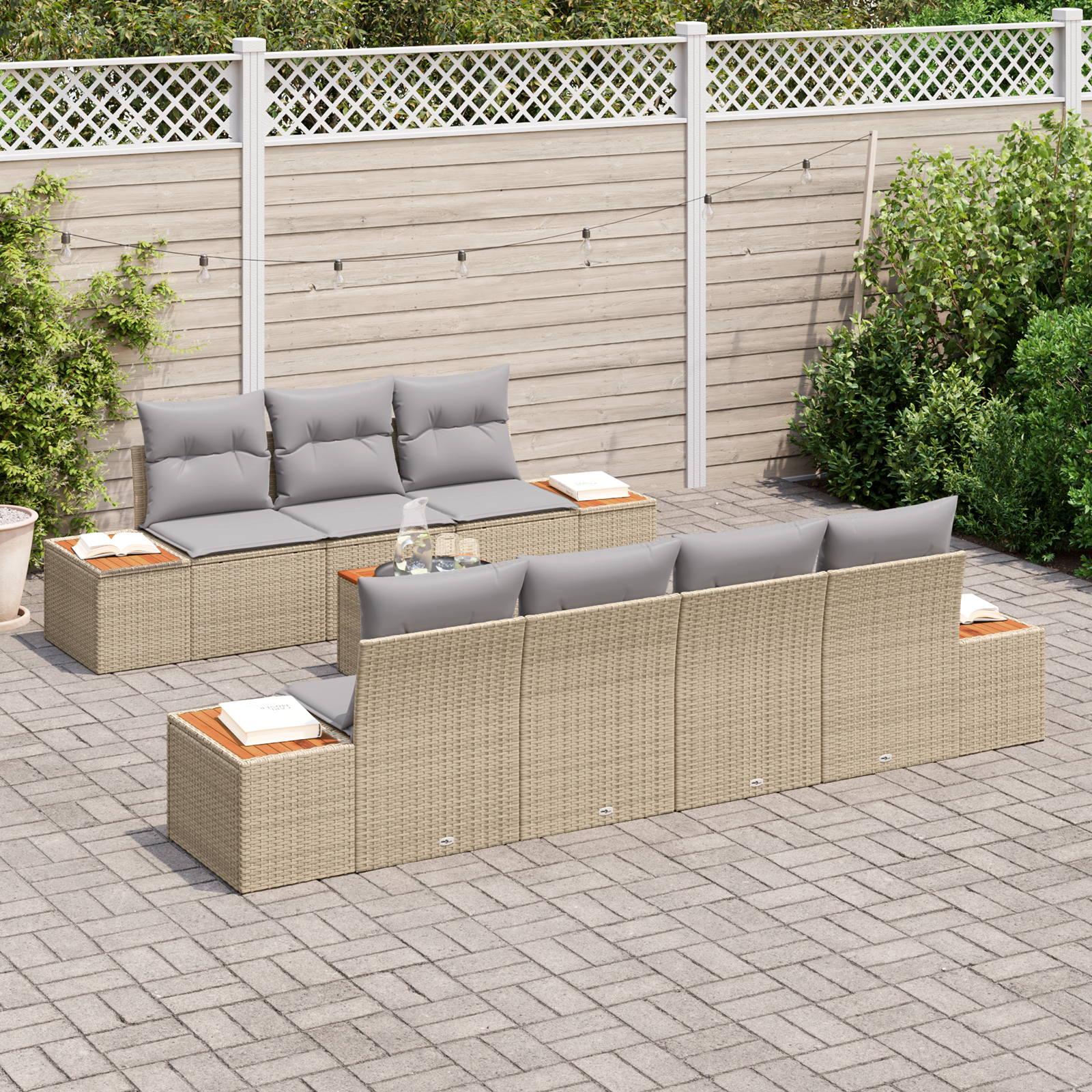 vidaXL 8-delige tuinset met kussens in Beige, Poly Rattan en Acacia