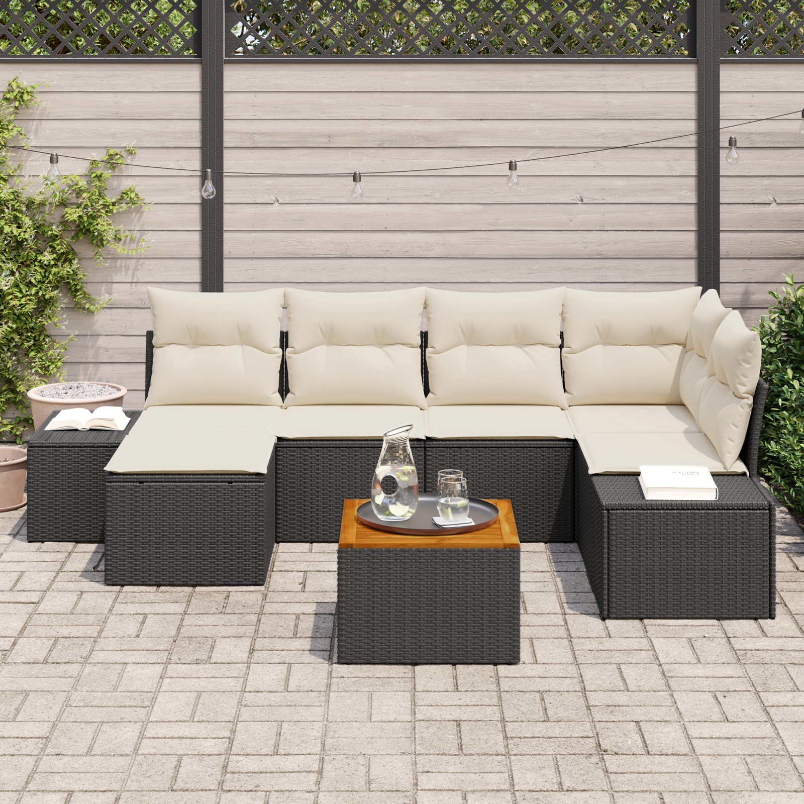 vidaXL 7-delige tuinset met kussens zwart poly riet acacia