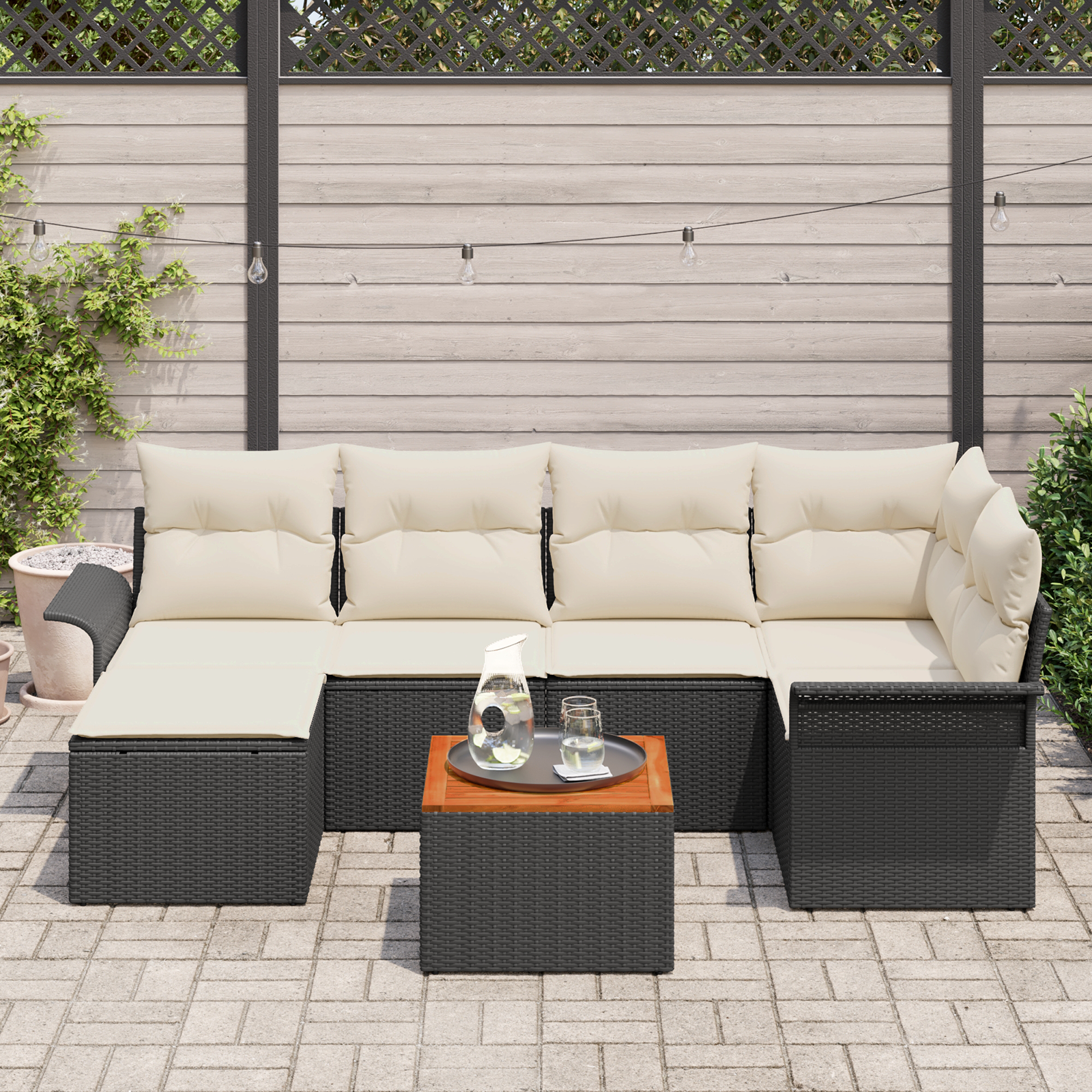 vidaXL 7-delige Tuinbankenset met kussens poly rattan acacia zwart