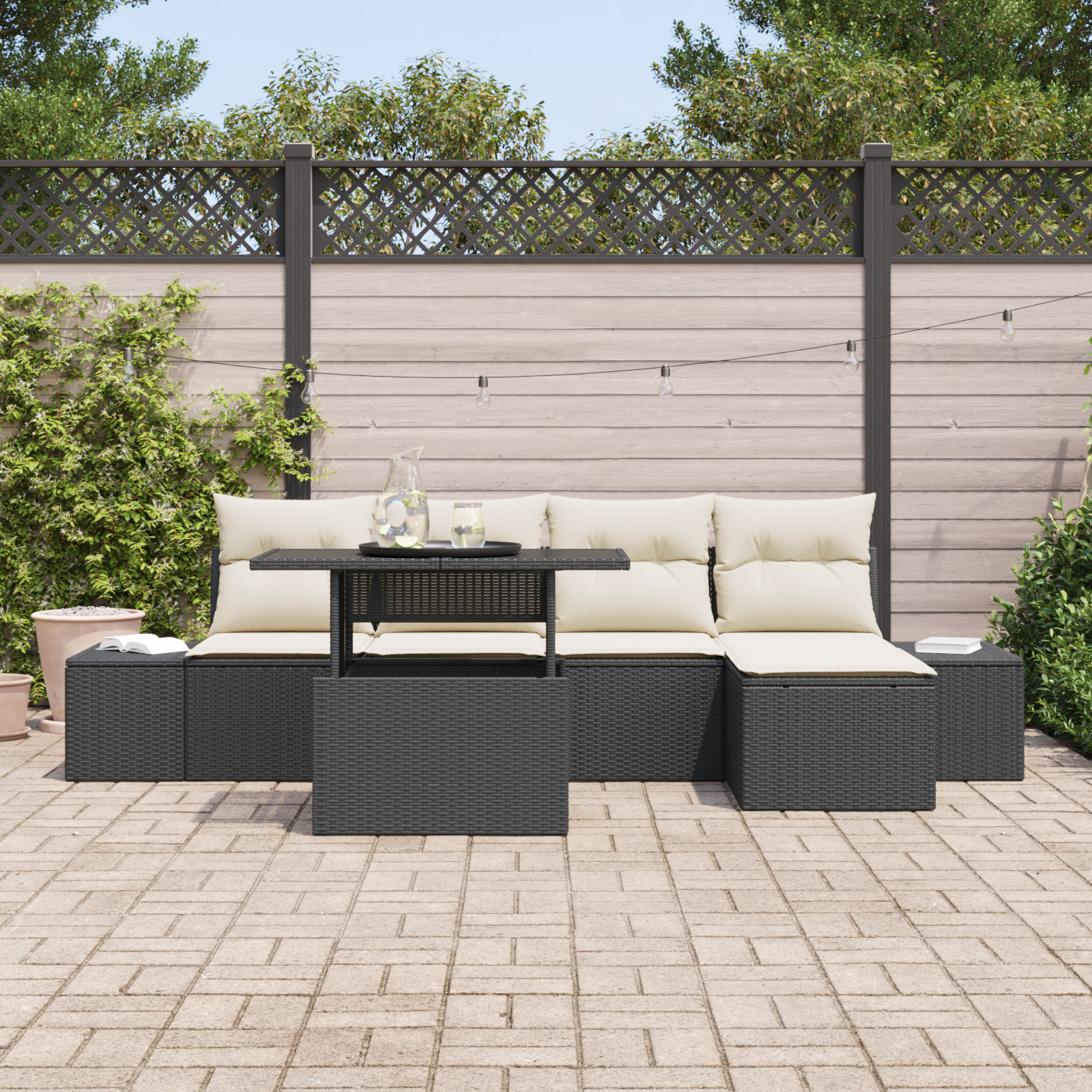 vidaXL 6-delige Tuinbankenset met kussens poly rattan zwart