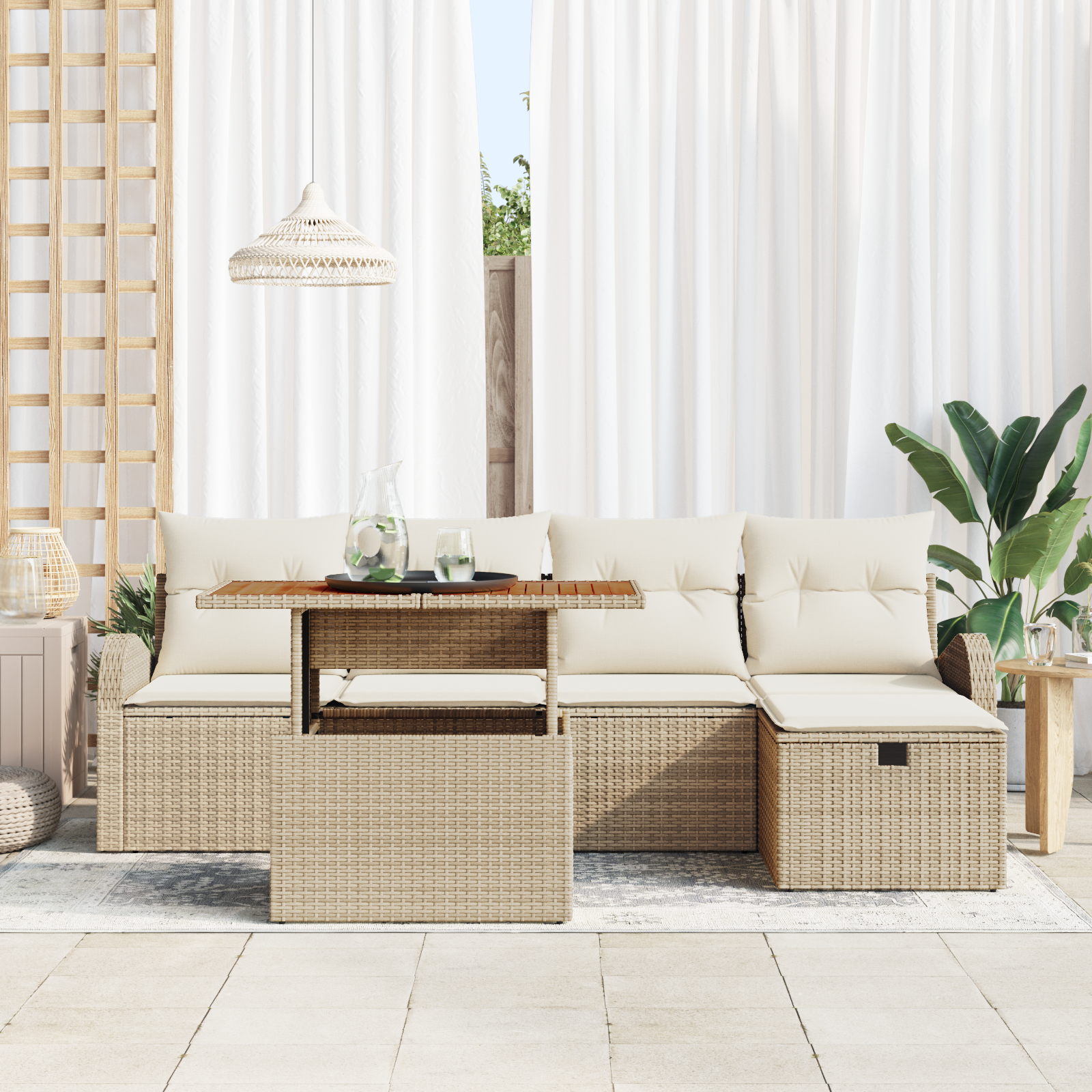 vidaXL 6-delige tuinbankset met kussens in beige poly rattan