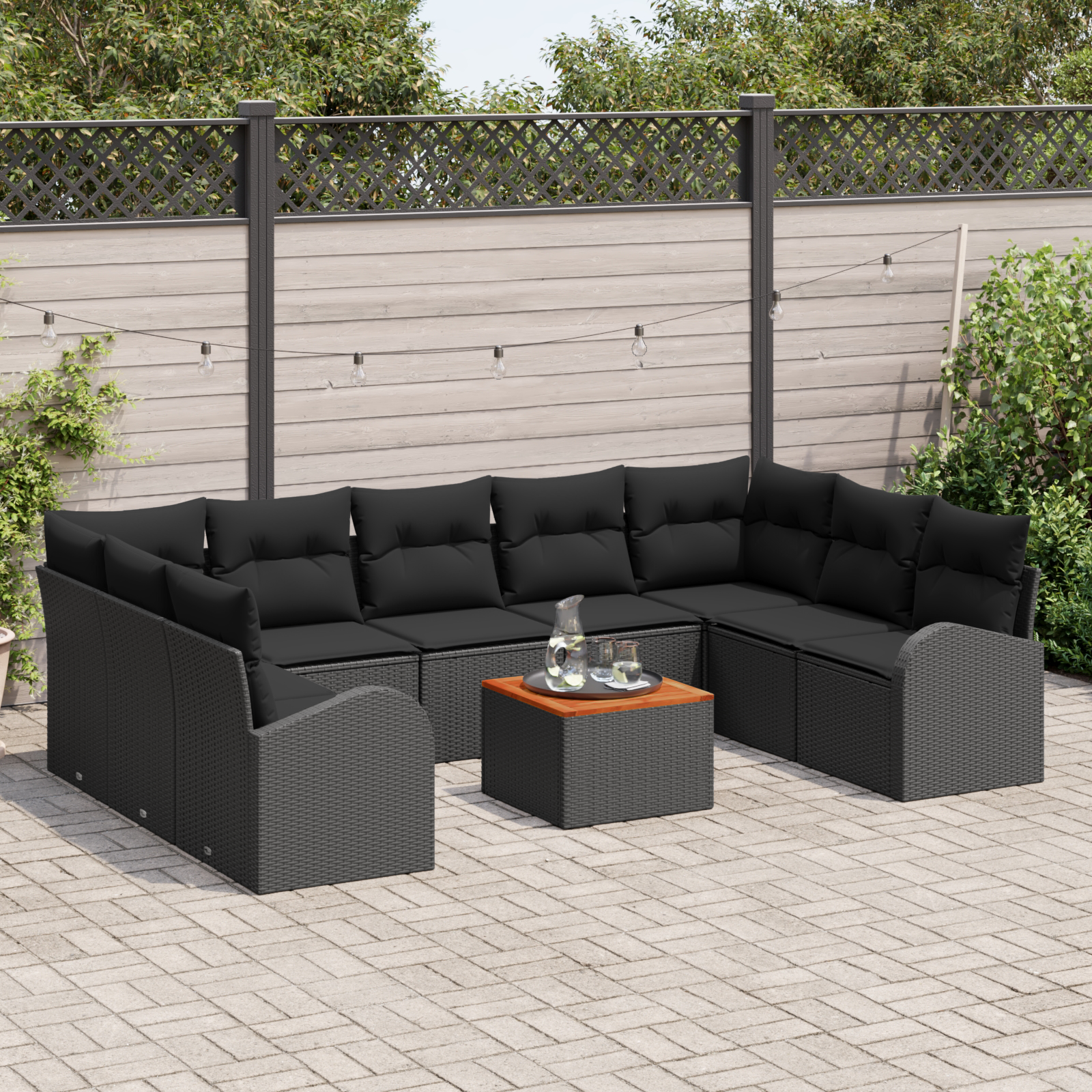 vidaXL 10-delige Tuinbankenset met kussens poly rattan acacia zwart