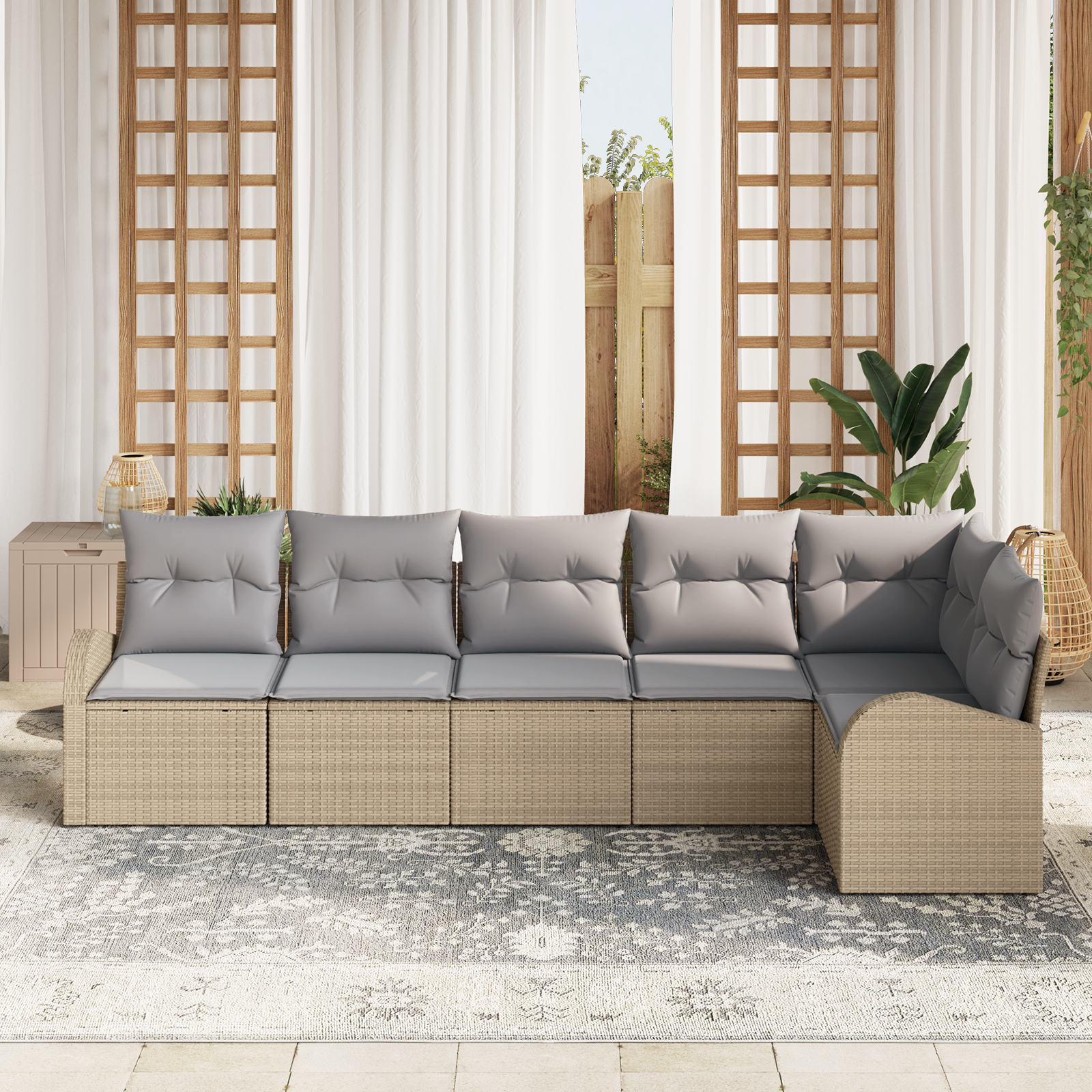 vidaXL 6-delige tuinset met kussens in beige poly riet