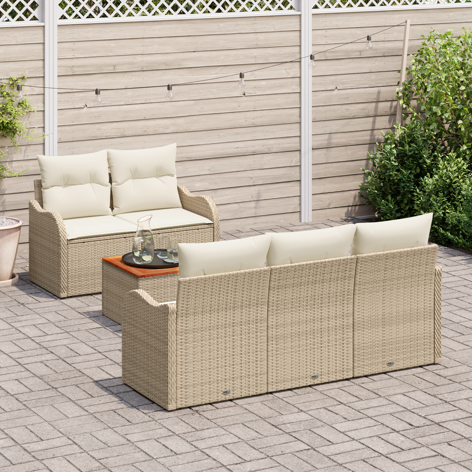 vidaXL 6-delige Tuinbankenset en kussens poly rattan acaciahout beige
