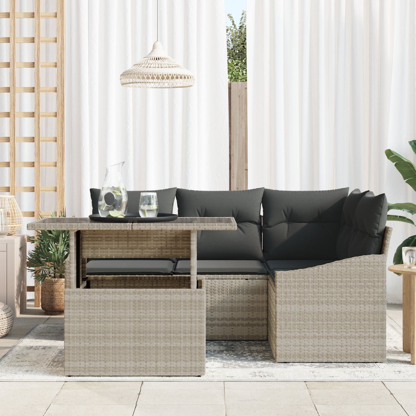 vidaXL 5-delige Tuinbankenset met kussens poly rattan lichtgrijs