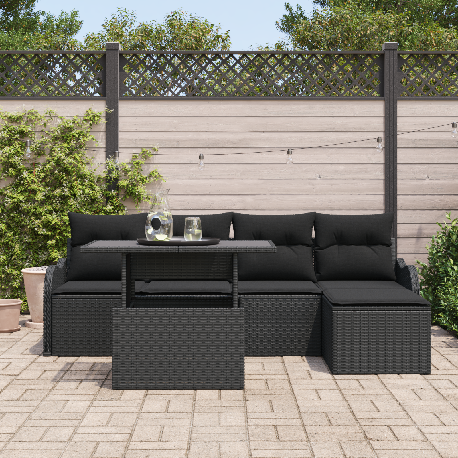vidaXL 6-delige Tuinbankenset met kussens poly rattan zwart