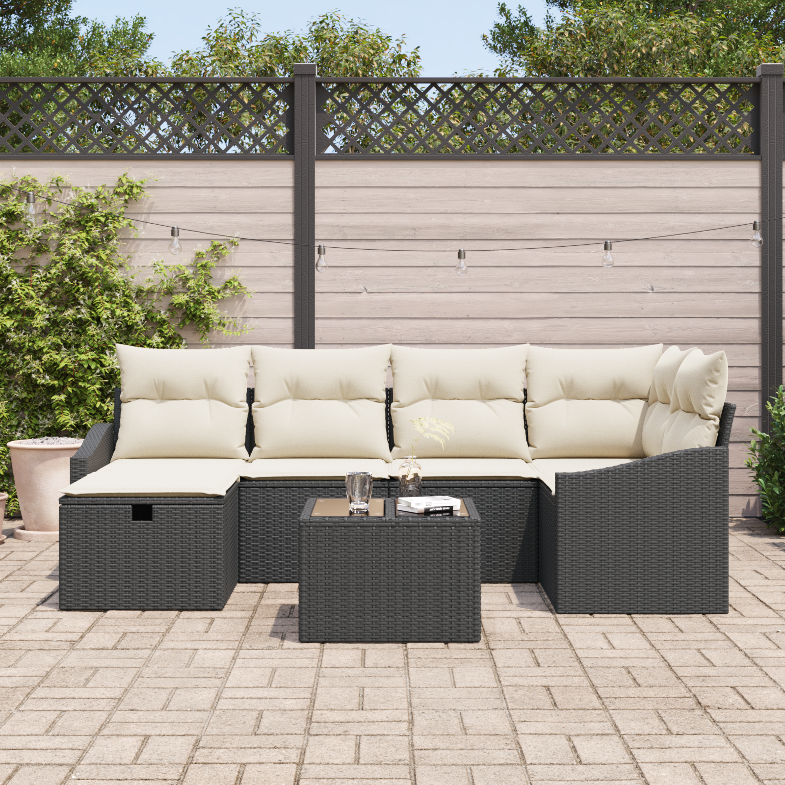 vidaXL 7-delige Tuinbankset met Kussens Zwart Poly Rattan