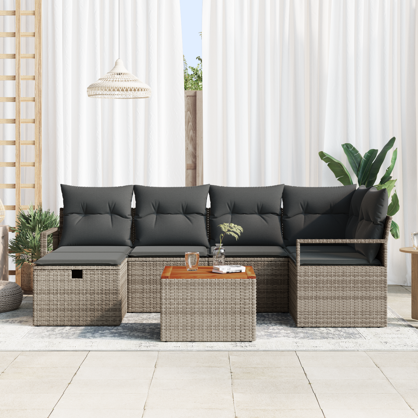 vidaXL 7-delige Tuinbankenset met kussens poly rattan grijs