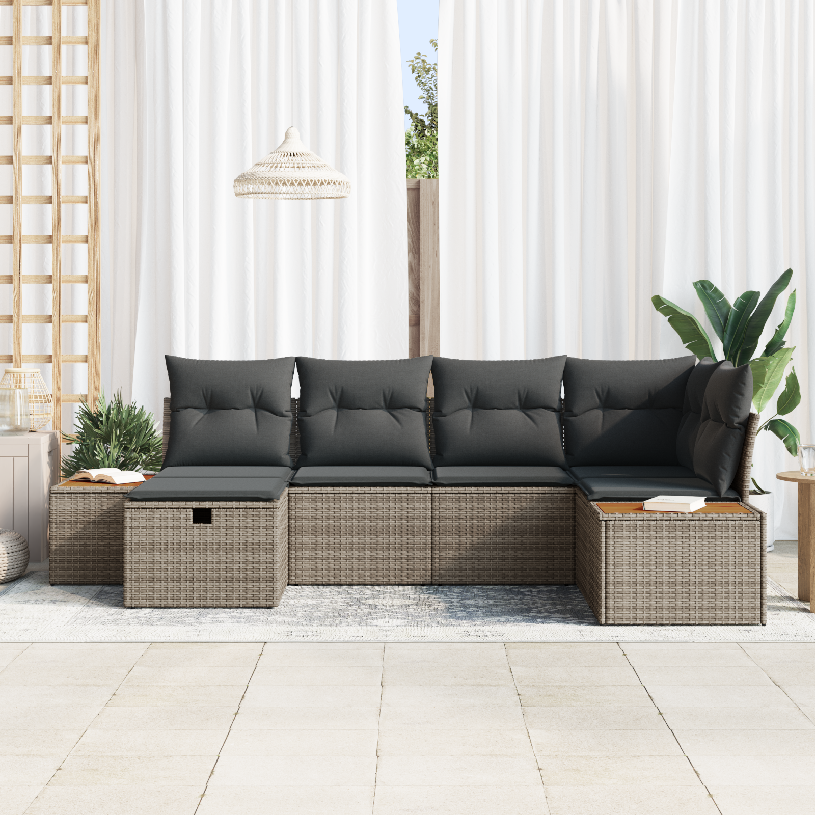 vidaXL 6-delige Tuinbankenset met kussens poly rattan grijs
