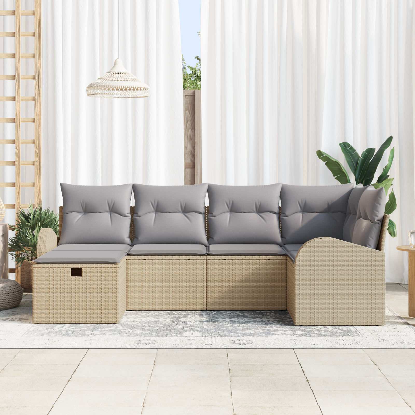 vidaXL 6-delige tuinset met kussens in beige poly riet