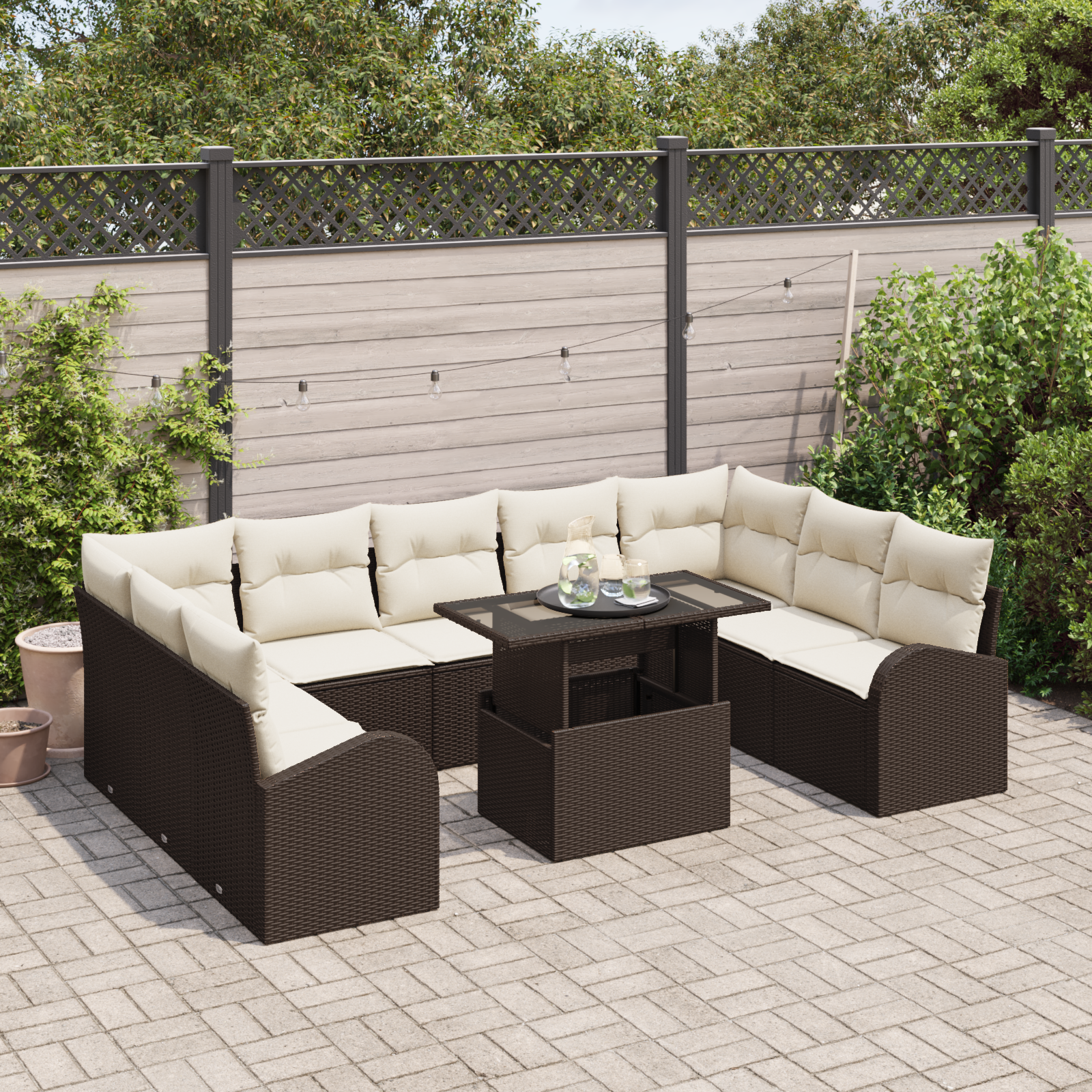 vidaXL 10-delige tuinset met kussens bruin poly rattan
