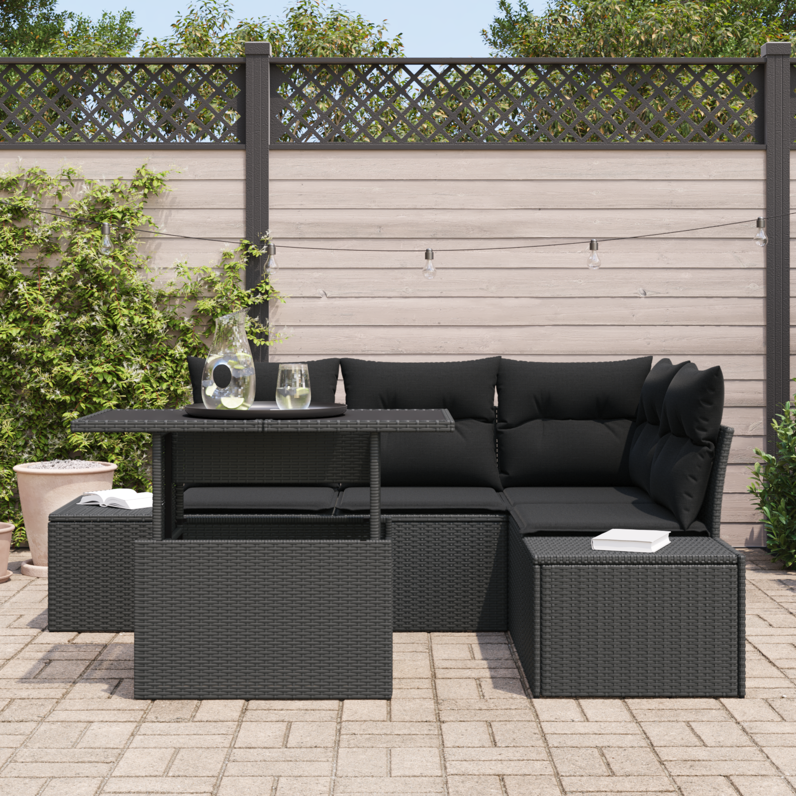 vidaXL 5-delige tuinsofa set met kussens in zwart poly rattan