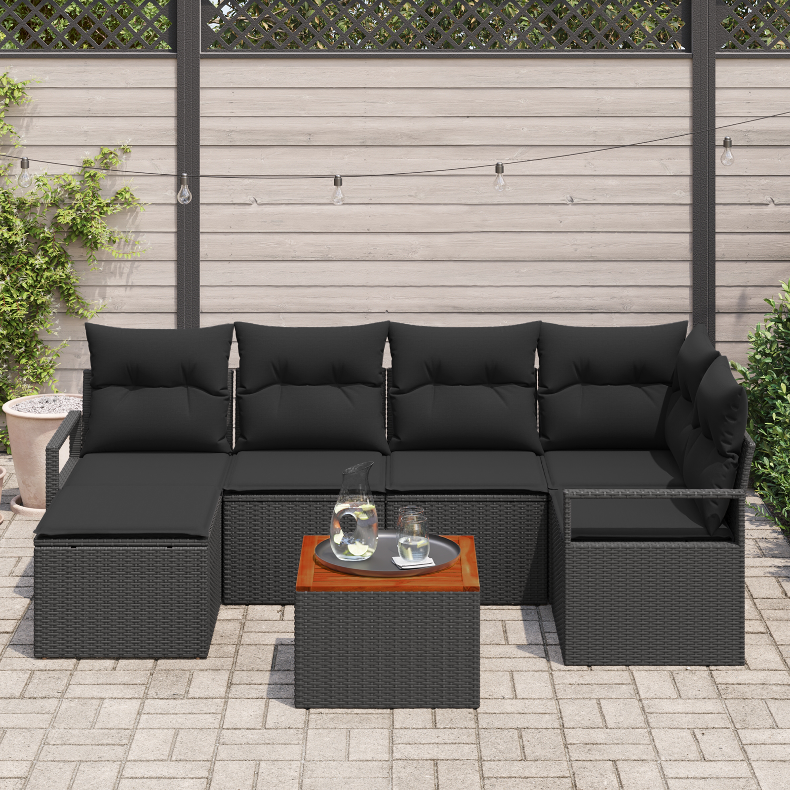 vidaXL 7-delige tuinsofa set met kussens zwart poly rattan acacia