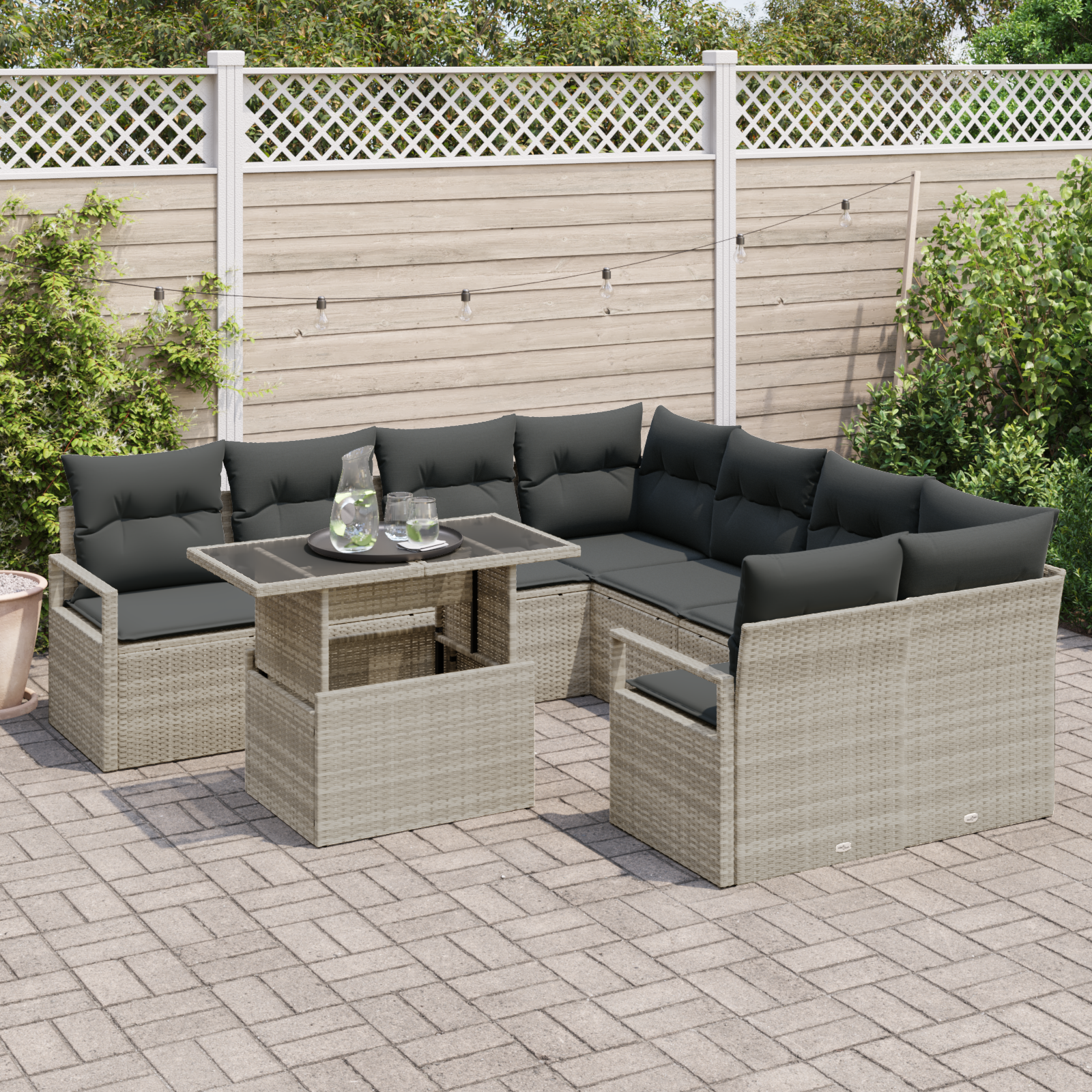 vidaXL 9-delige Tuinbankenset met kussens poly rattan lichtgrijs