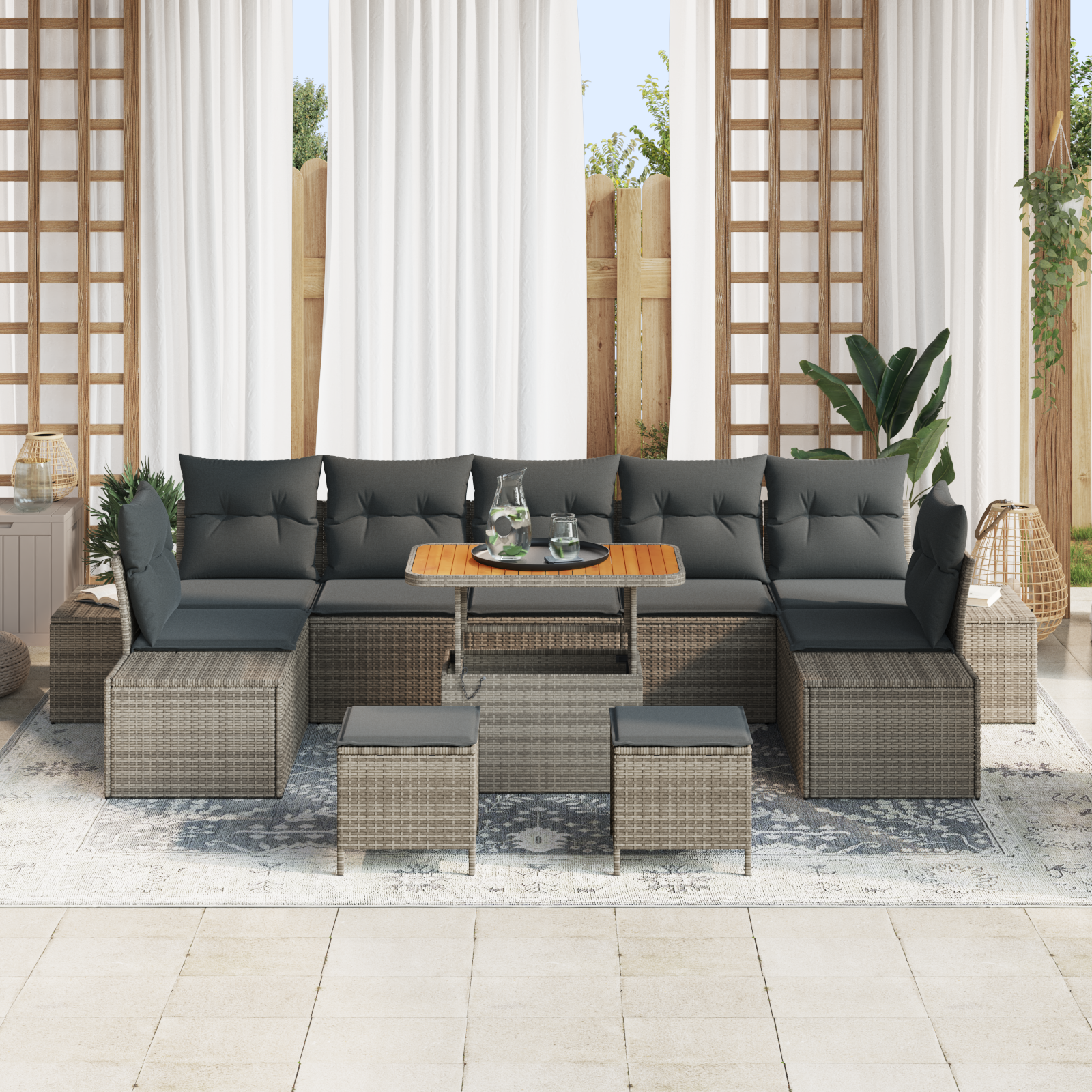 vidaXL 10-delige Tuinbankenset met kussens poly rattan acacia grijs