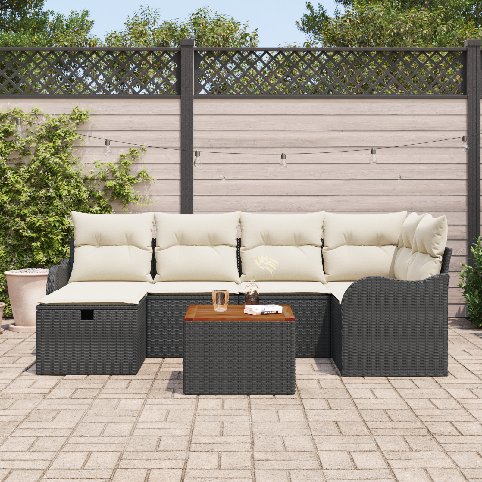 vidaXL 7-delige tuinset met kussens zwart poly rattan