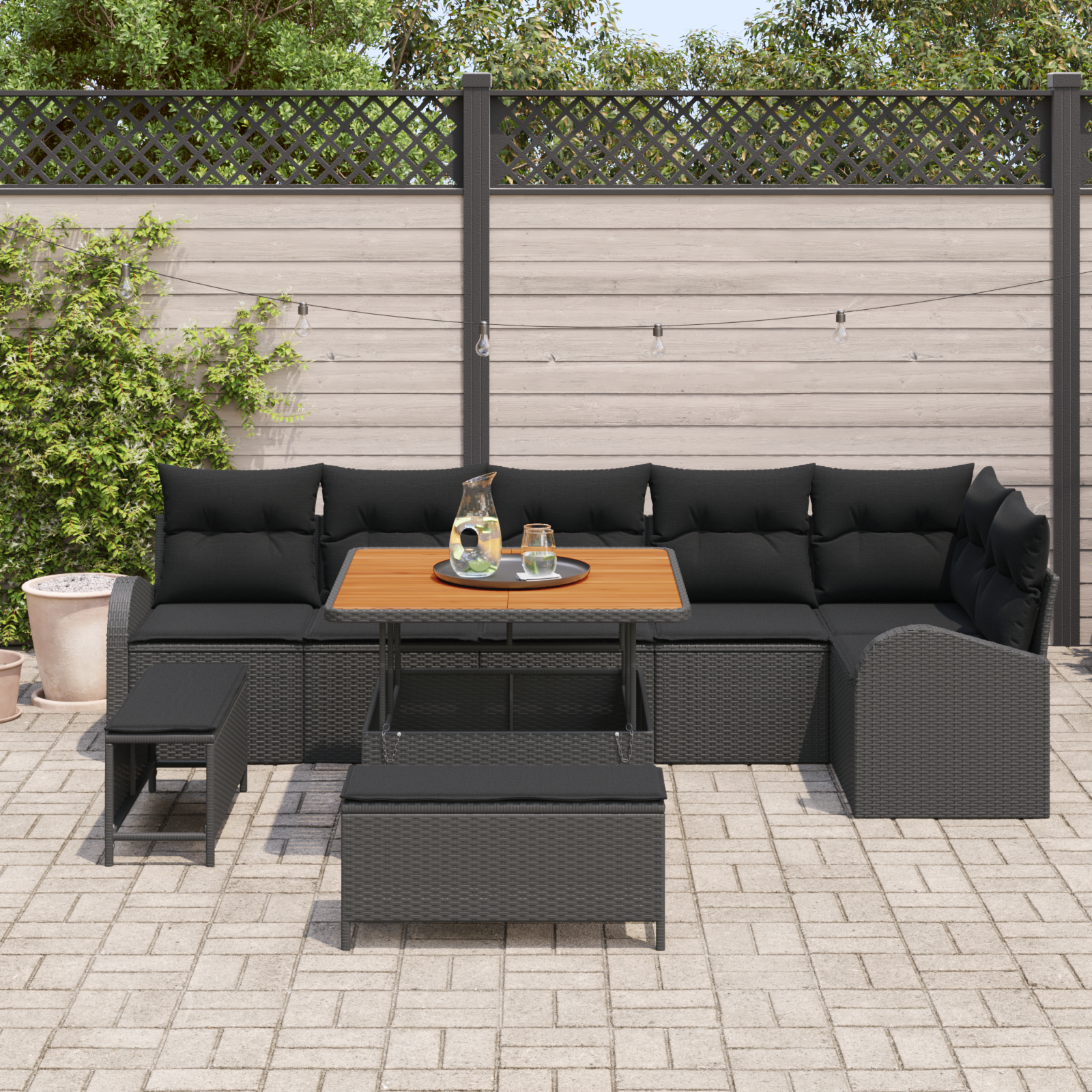vidaXL 9-delige Tuinbankenset met kussens poly rattan acacia zwart