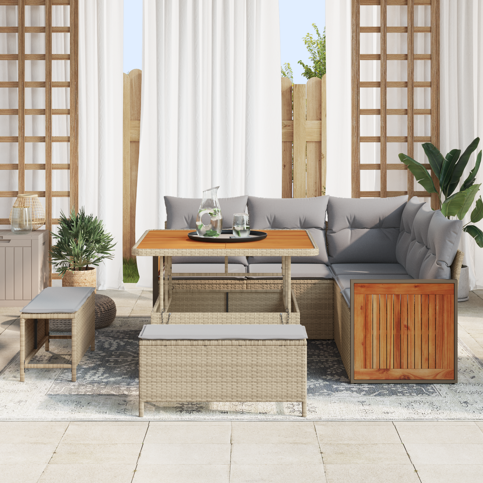 vidaXL 8-delige Tuinbankenset met kussens poly rattan acacia beige