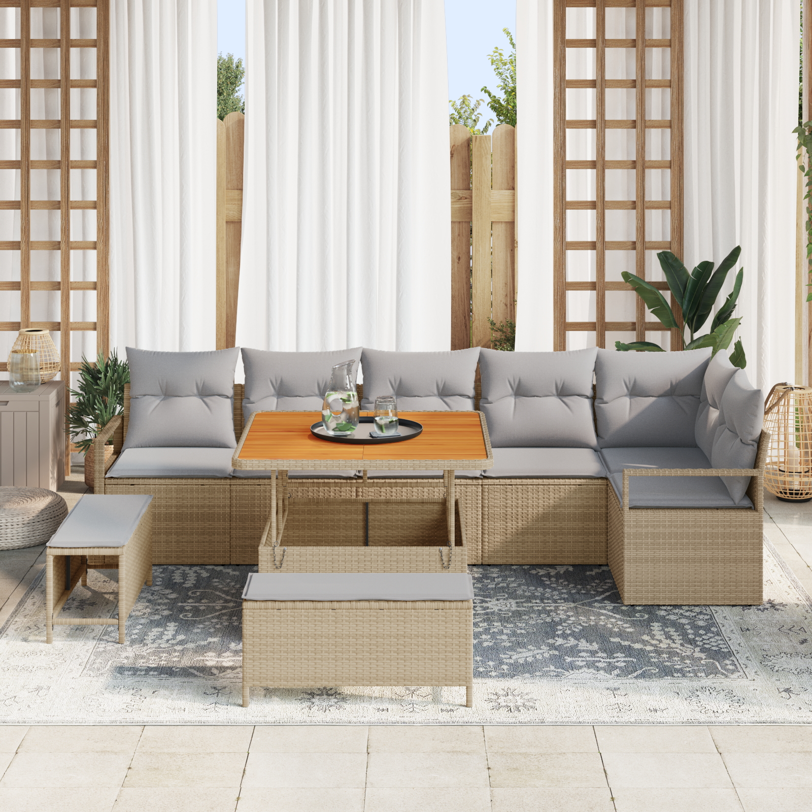 vidaXL 9-delige Tuin Sofa Set met Kussens Beige Poly Riet Acacia