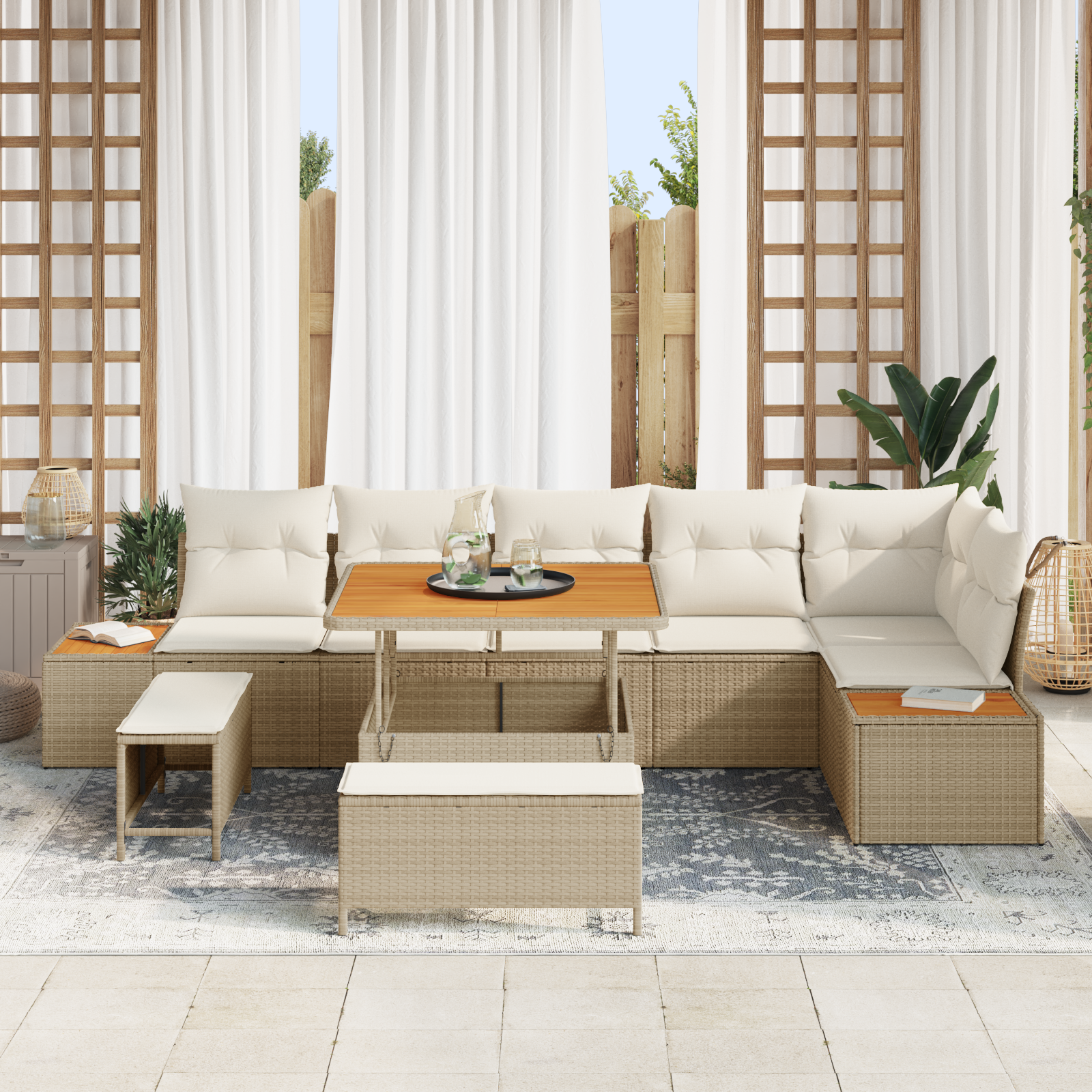 vidaXL 9-delige Tuinbankenset met kussens poly rattan acacia beige