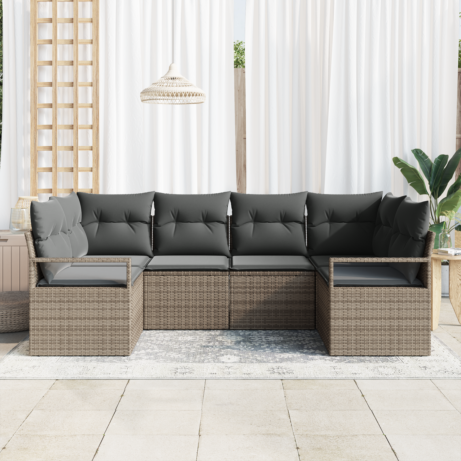 vidaXL 6-delige Tuinbankenset met kussens poly rattan grijs