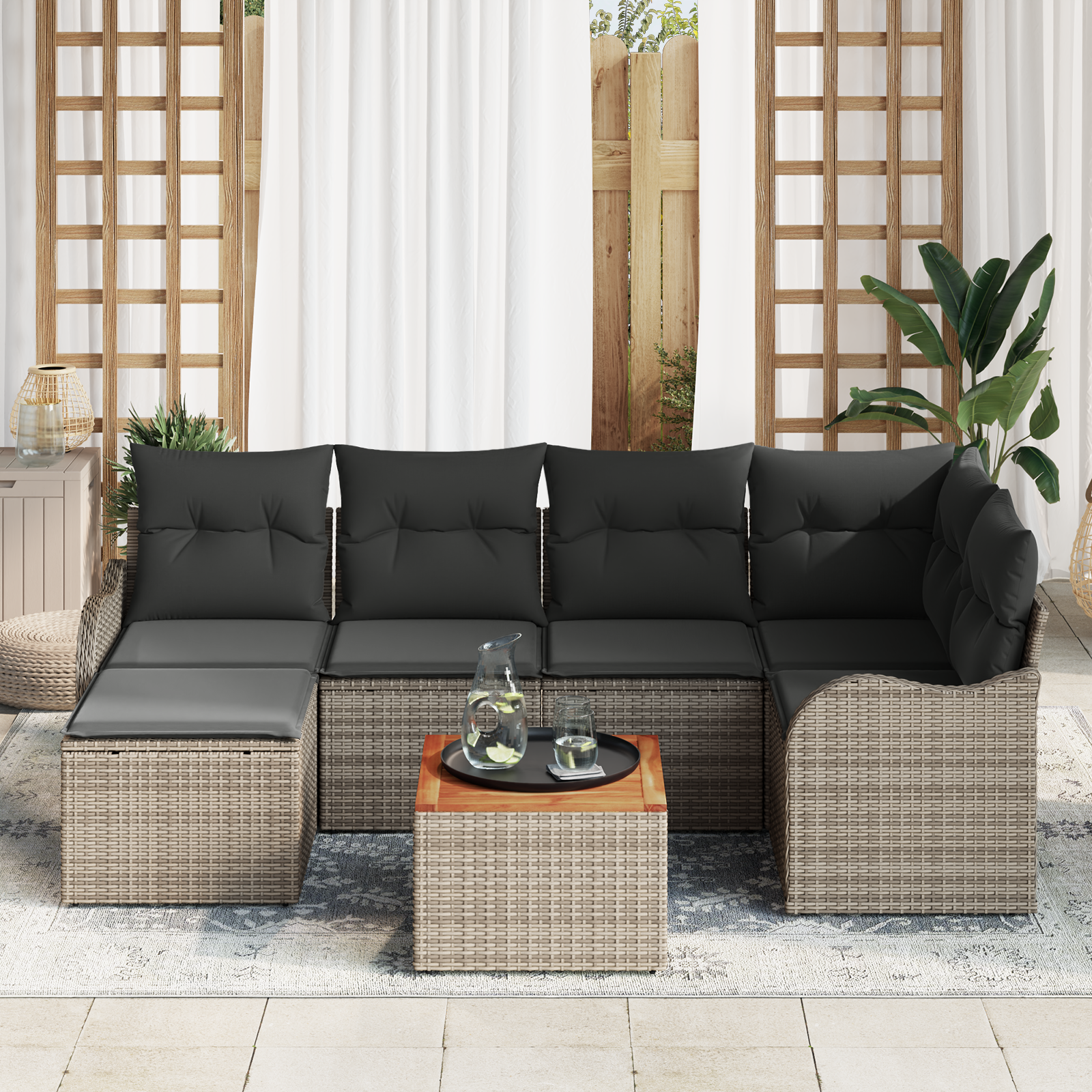 vidaXL 7-delige Tuinbankenset met kussens poly rattan acacia grijs