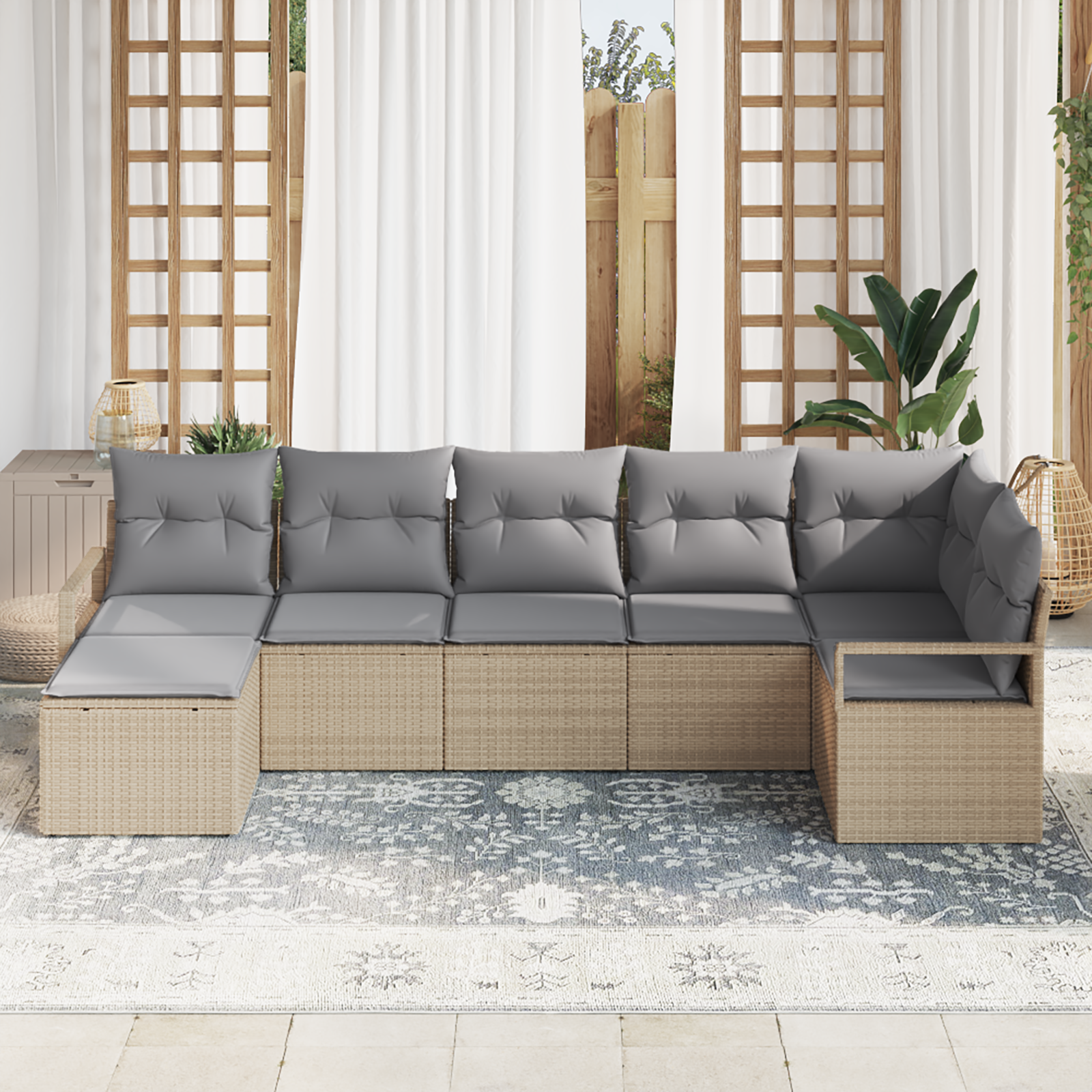 vidaXL 7-delige Tuinbankenset met kussens poly rattan beige