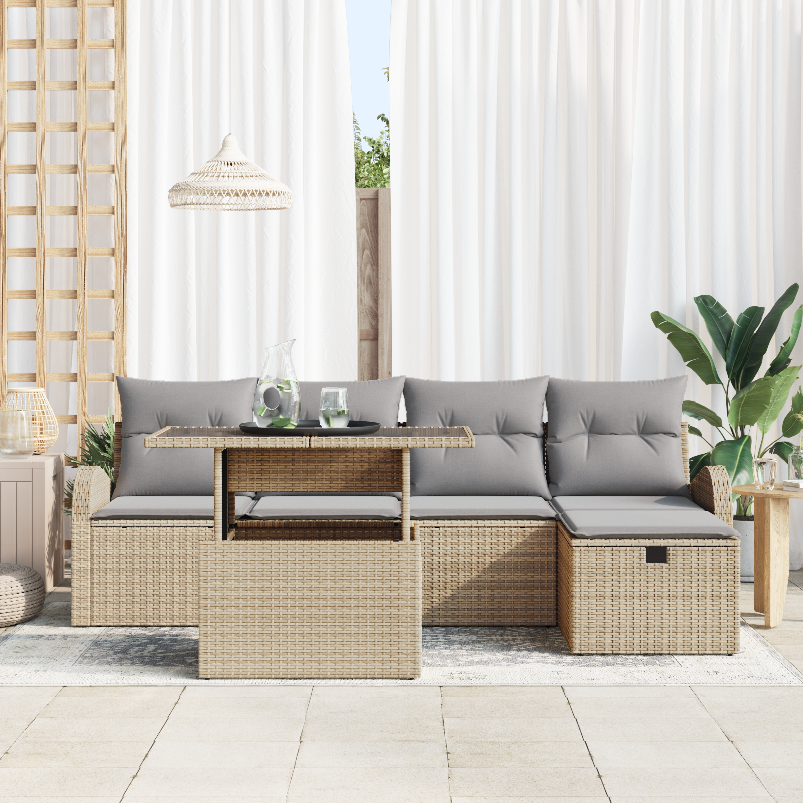 vidaXL 6-delige Tuinbankenset met kussens poly rattan beige